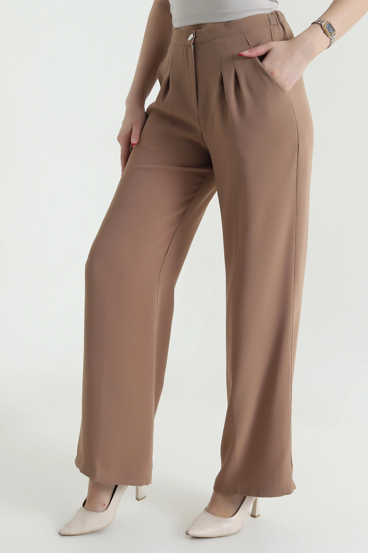 Vizon Tensel Crep Beli Lastikli Kadın Pantolon 440775