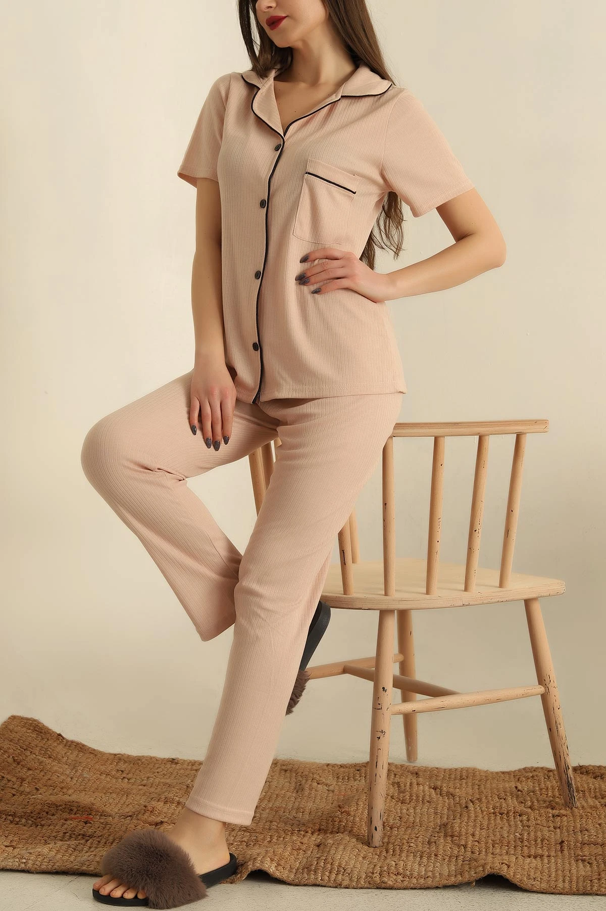 Vizon Viskon Düğmeli Fitilli Pijama Takımı 251557