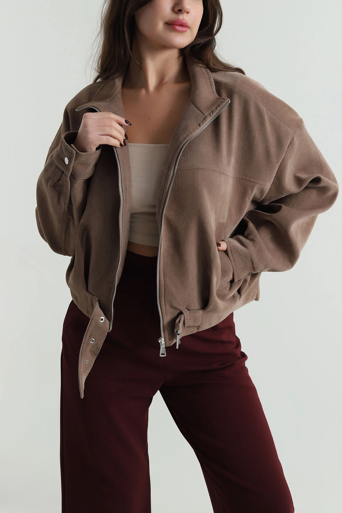 Vizon Yüksek Yaka Denim Modal Kadın Mont 499353