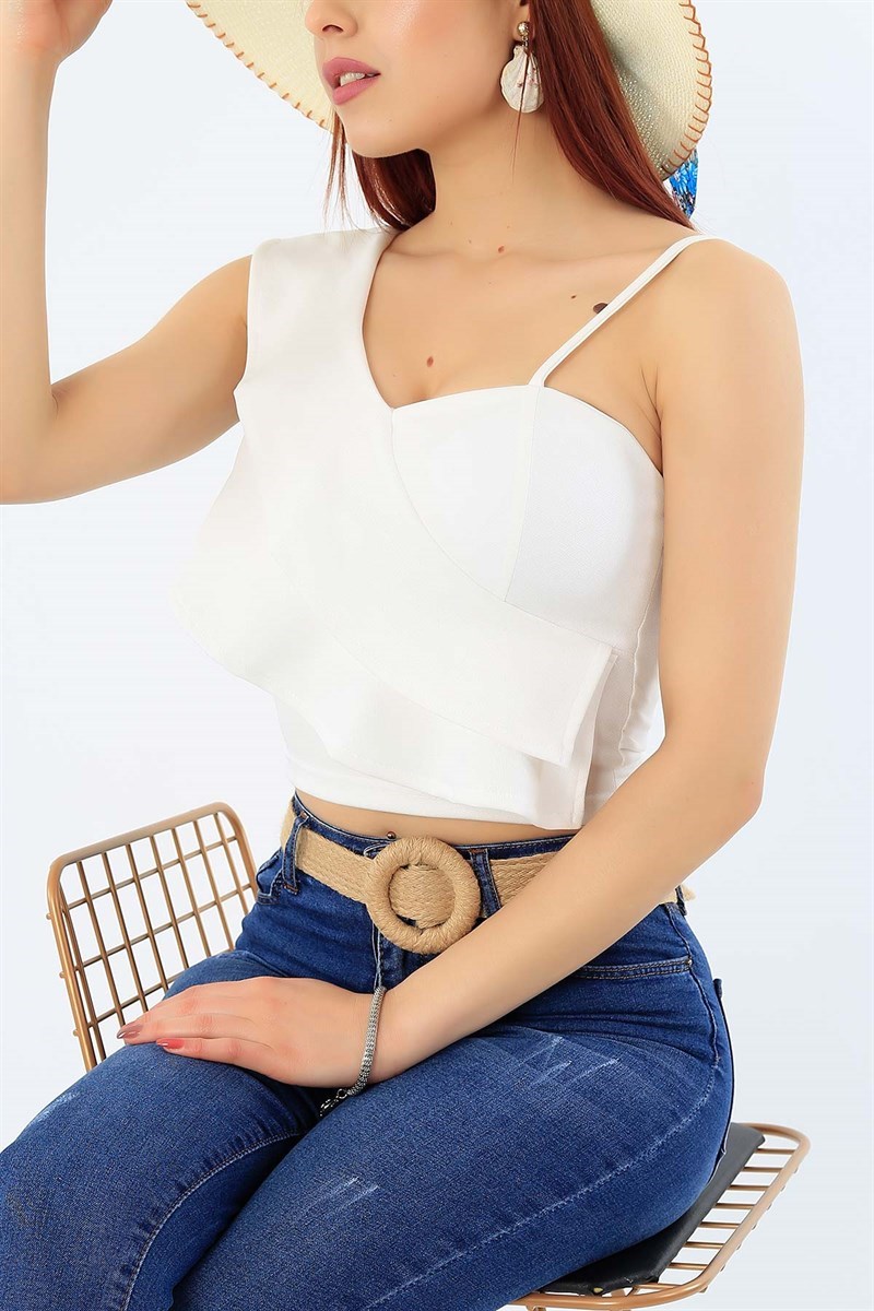 Volanlı Askılı Beyaz Bluz 32604