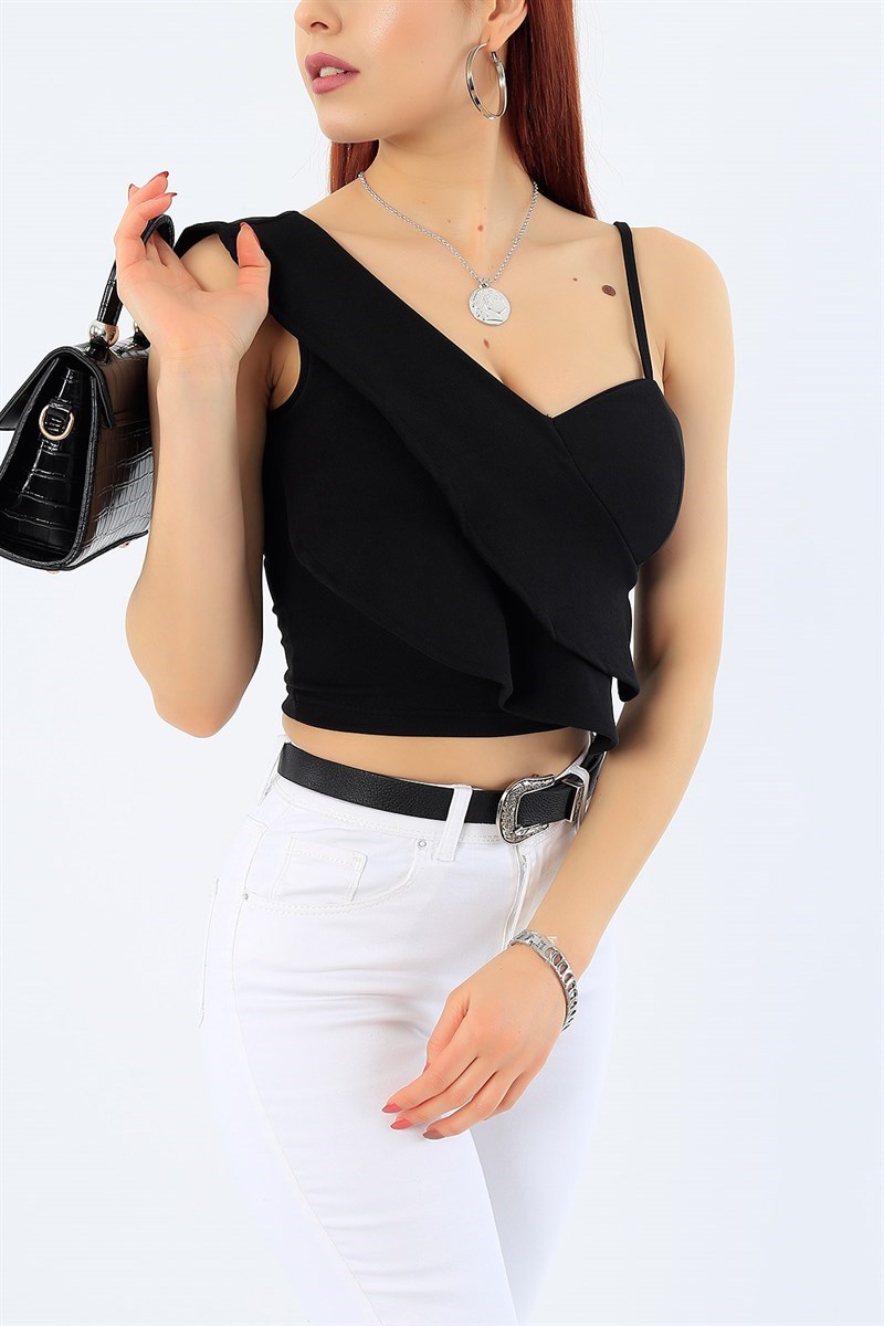 Volanlı Askılı Siyah Bluz 32603
