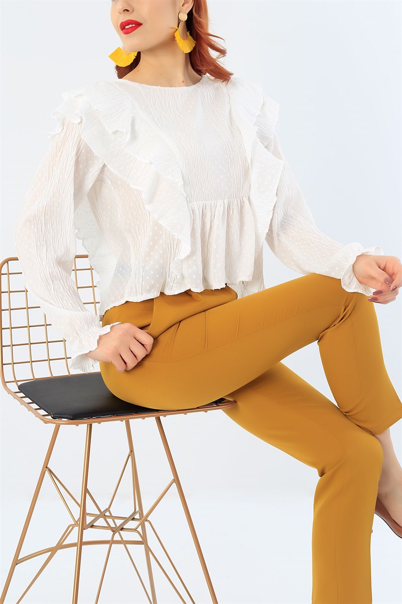 Volanlı Astarlı Beyaz Şifon Bluz 29448B