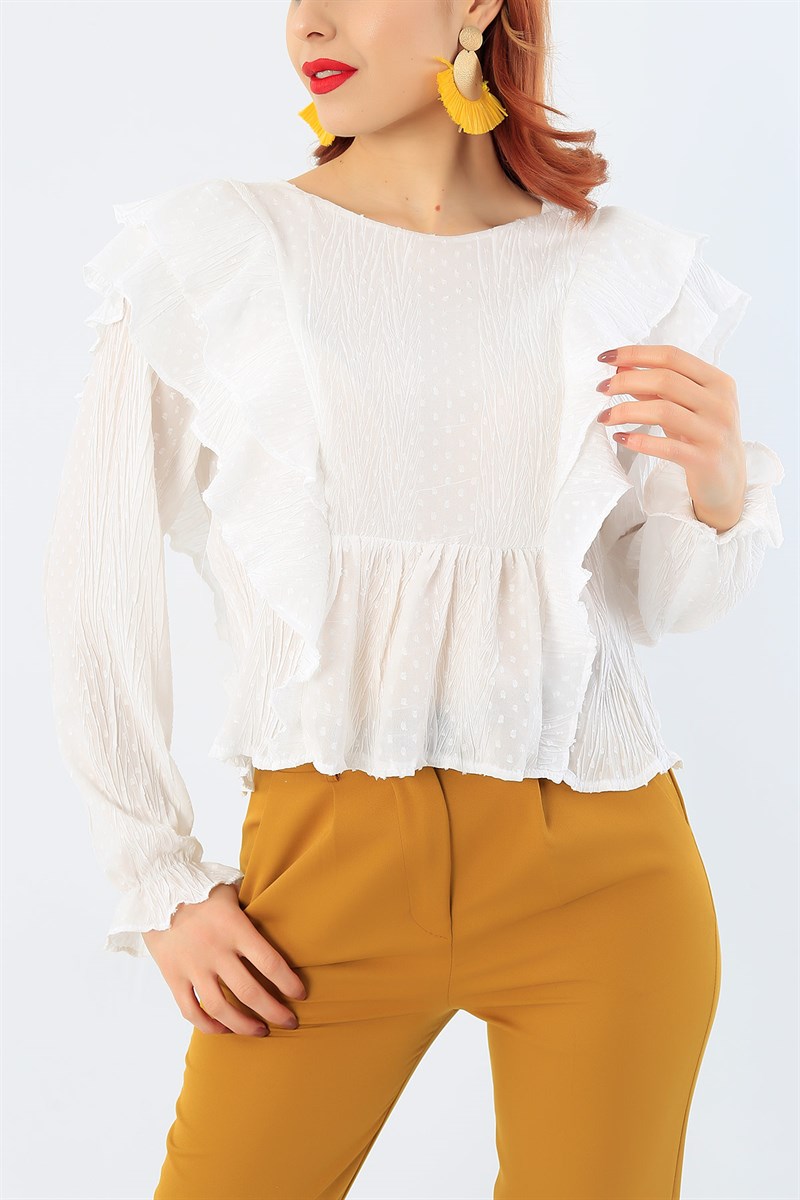 Volanlı Astarlı Beyaz Şifon Bluz 29448B