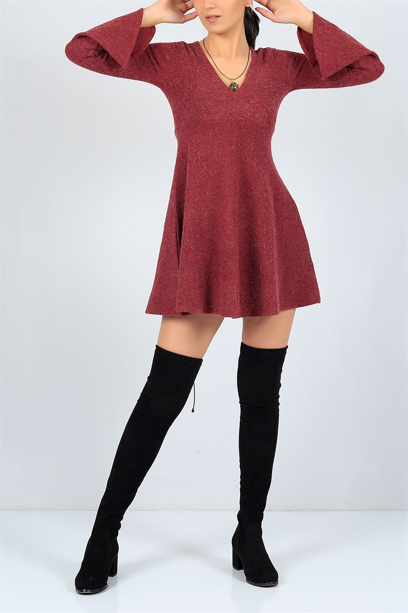 Volanlı Kol Bordo Triko Elbise 23153B