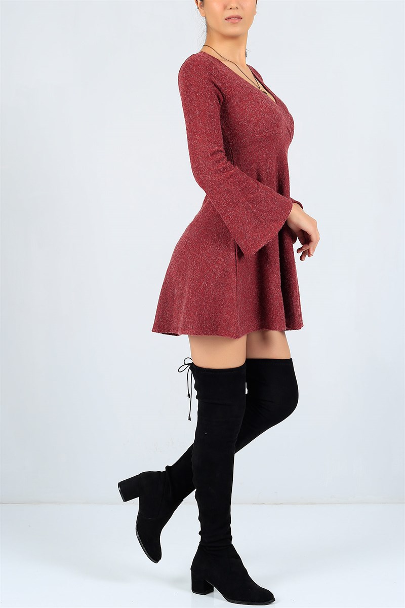 Volanlı Kol Bordo Triko Elbise 23153B