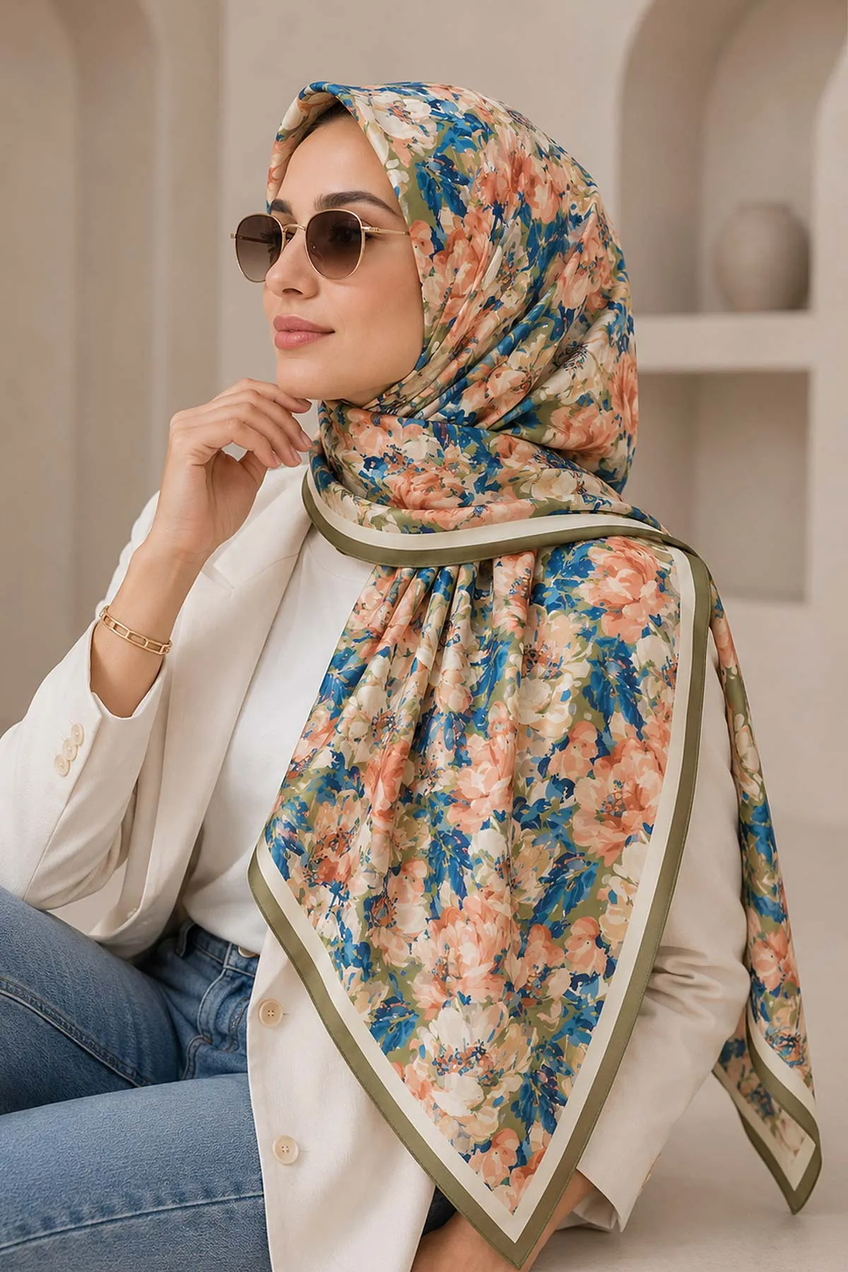 Yağ Yeşili 95x95 Cm Dijital Baskılı Botanik Desen Soft Eşarp 473300