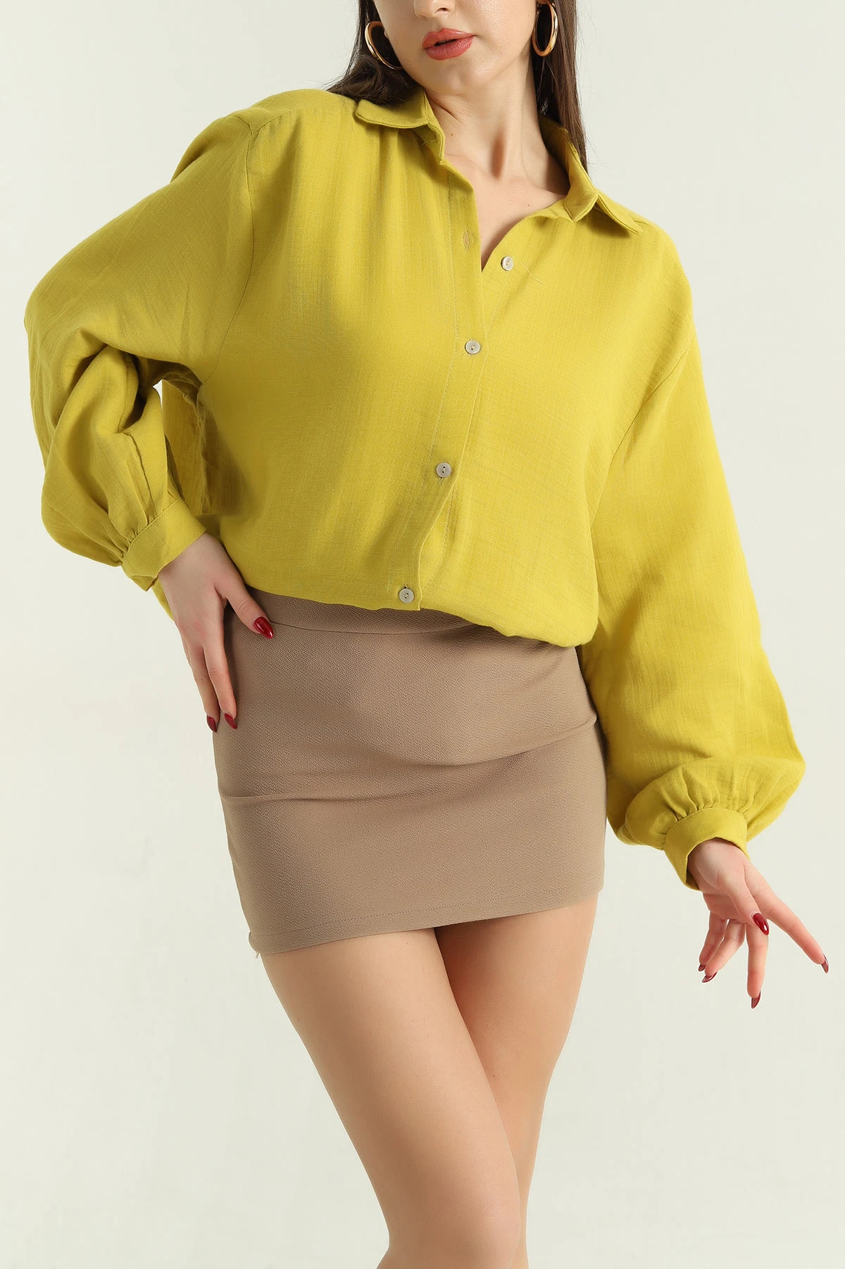 Yağ Yeşili Müslin Bayan Gömlek Tunik 336945