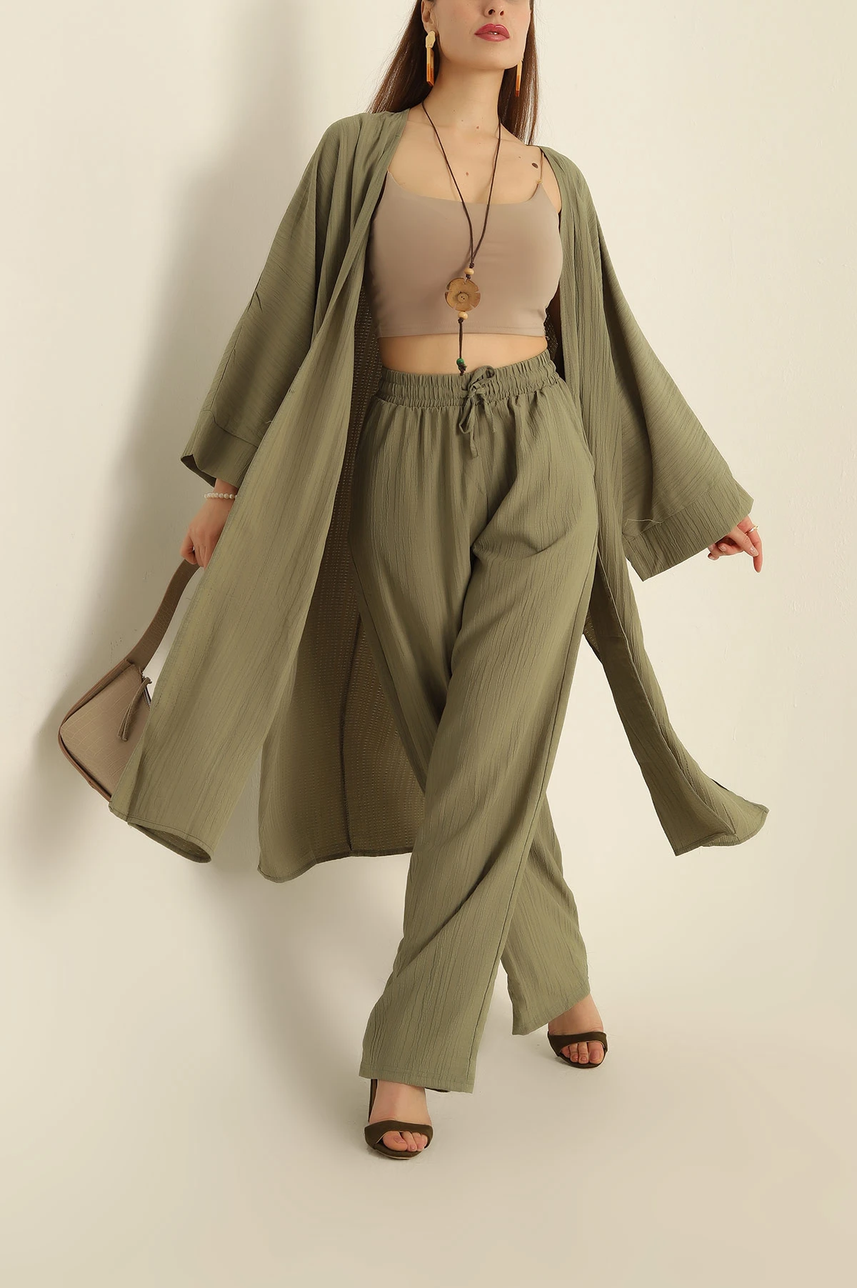 Yağ Yeşili Krinkıl Kimono Pantolon İkili Takım 278670