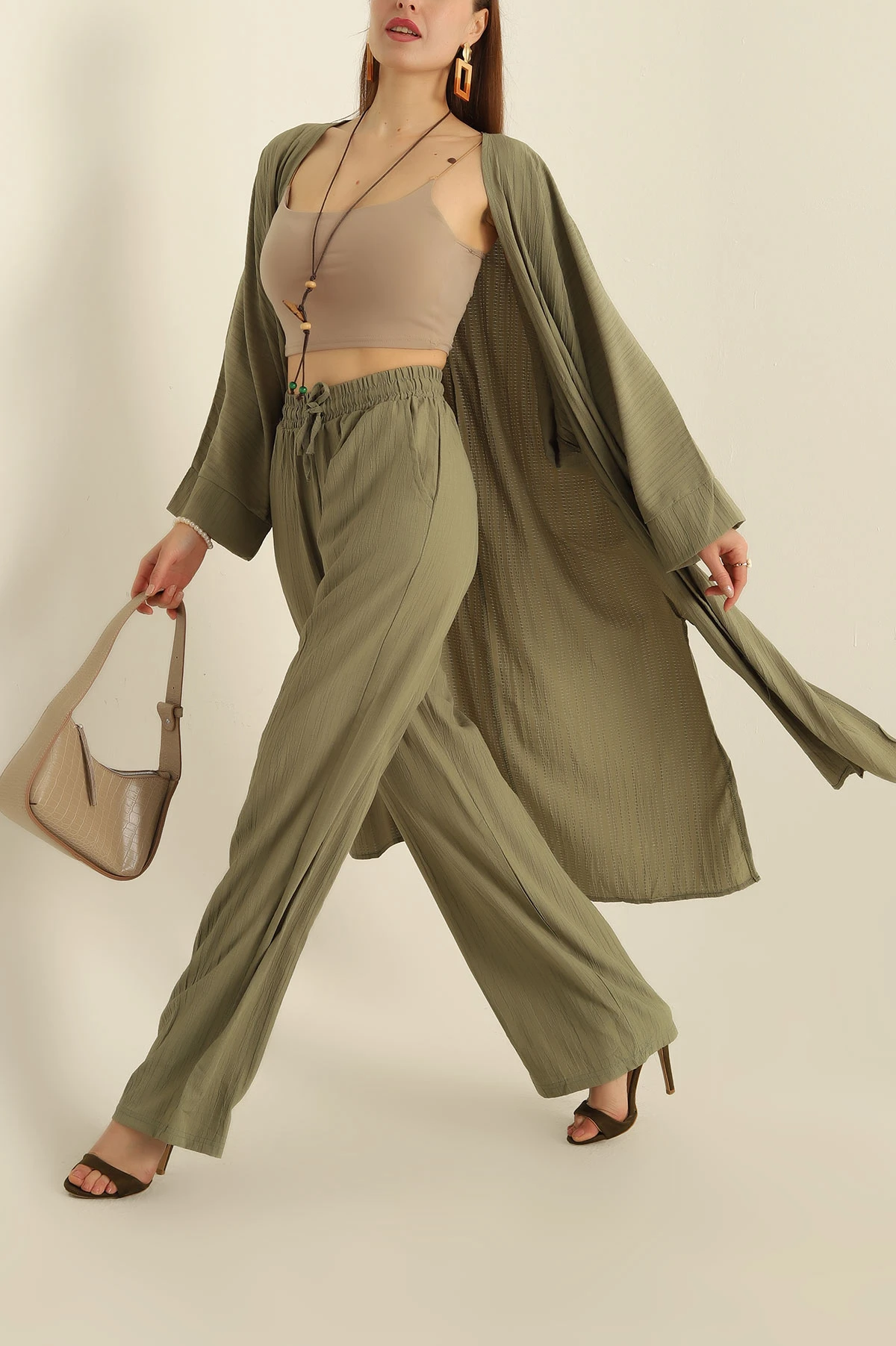 Yağ Yeşili Krinkıl Kimono Pantolon İkili Takım 278670