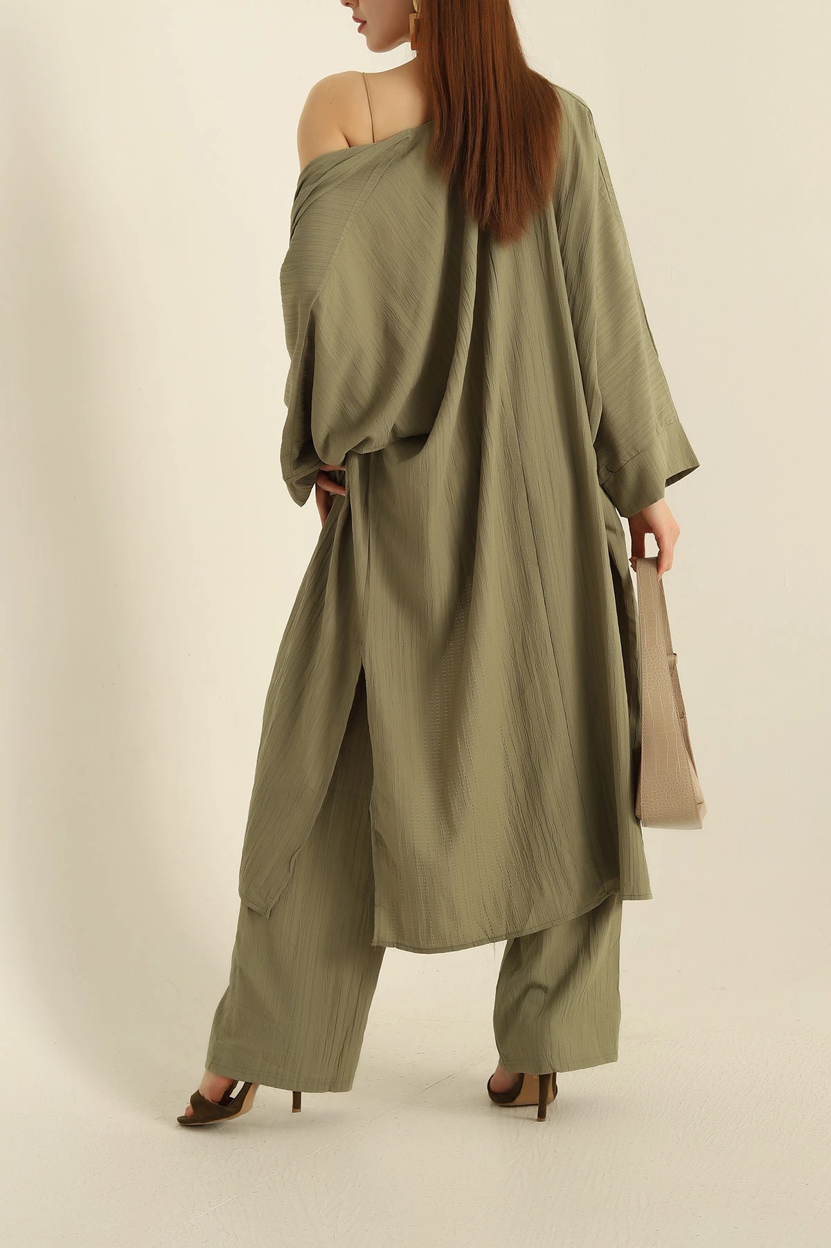 Yağ Yeşili Krinkıl Kimono Pantolon İkili Takım 278670