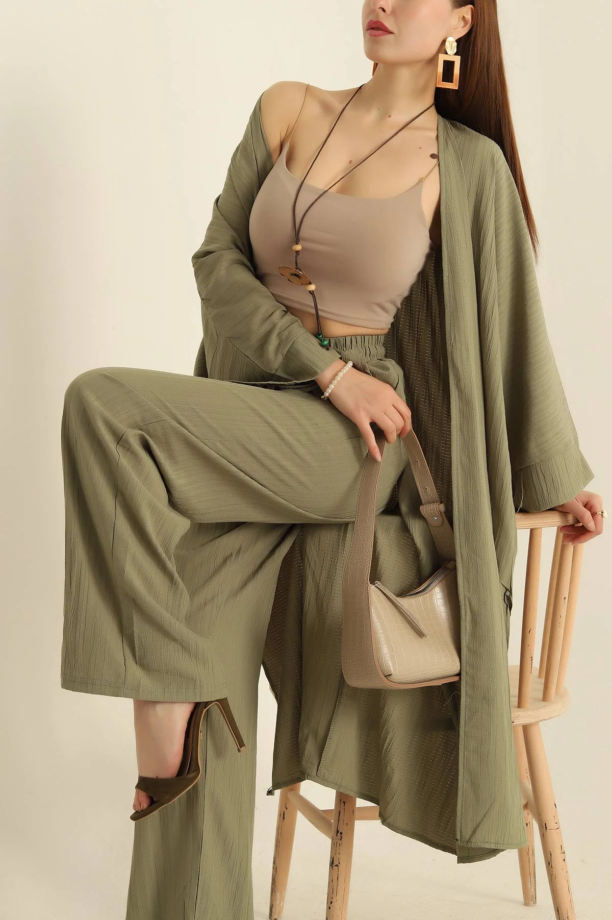 Yağ Yeşili Krinkıl Kimono Pantolon İkili Takım 278670