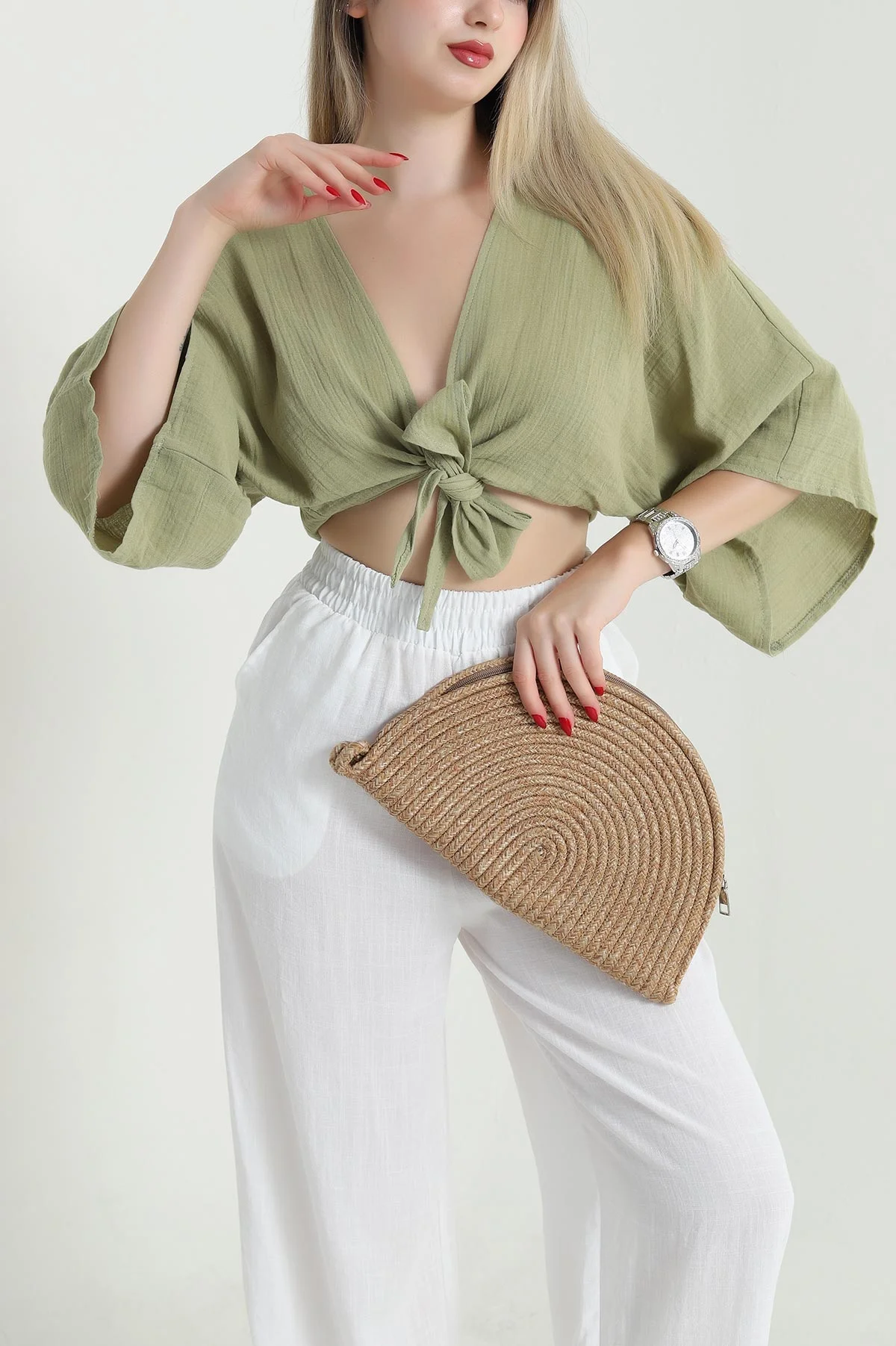 Yağ Yeşili Müslin Kumaş Bağlamalı Bolero 467480