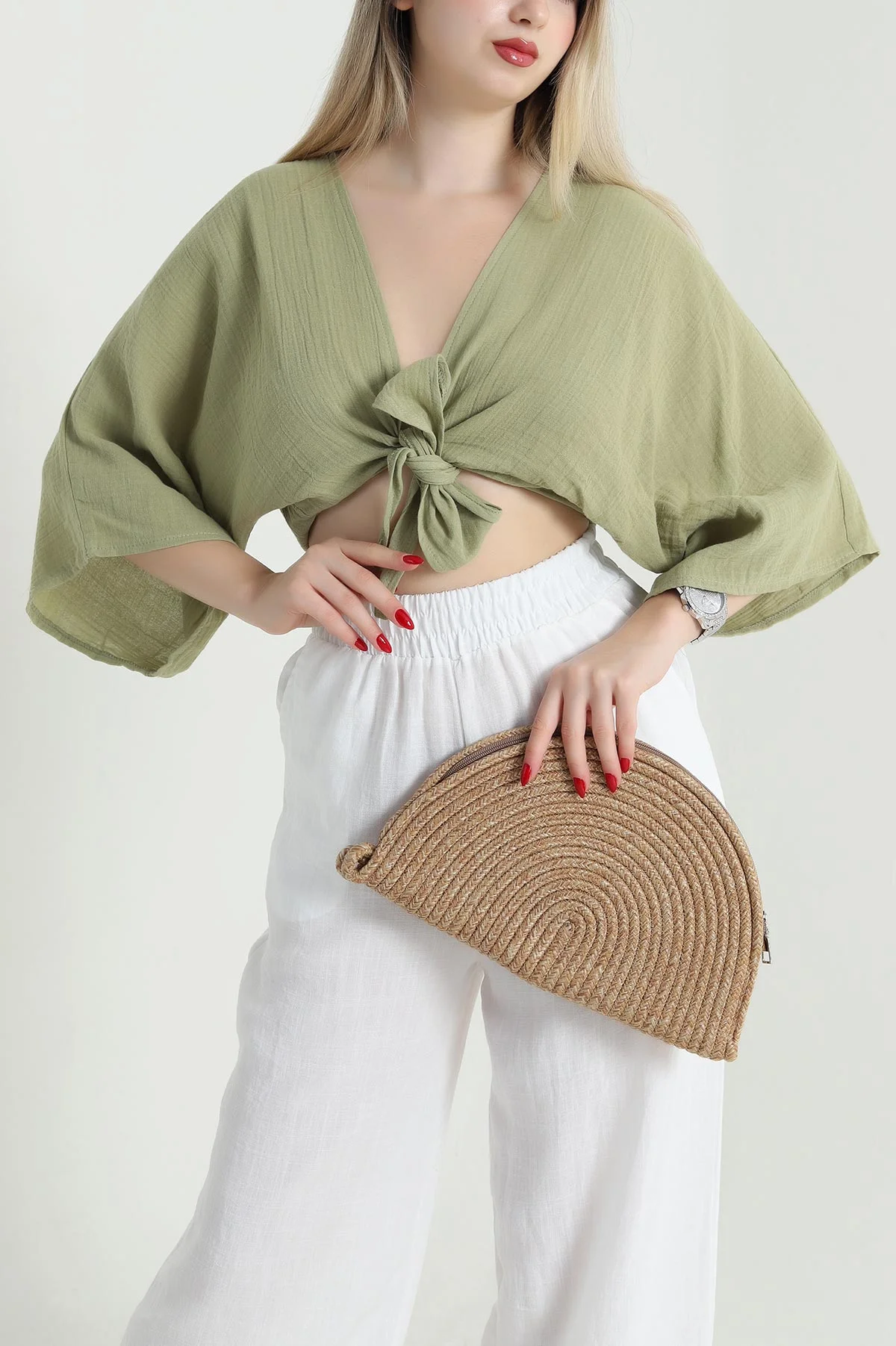 Yağ Yeşili Müslin Kumaş Bağlamalı Bolero 467480