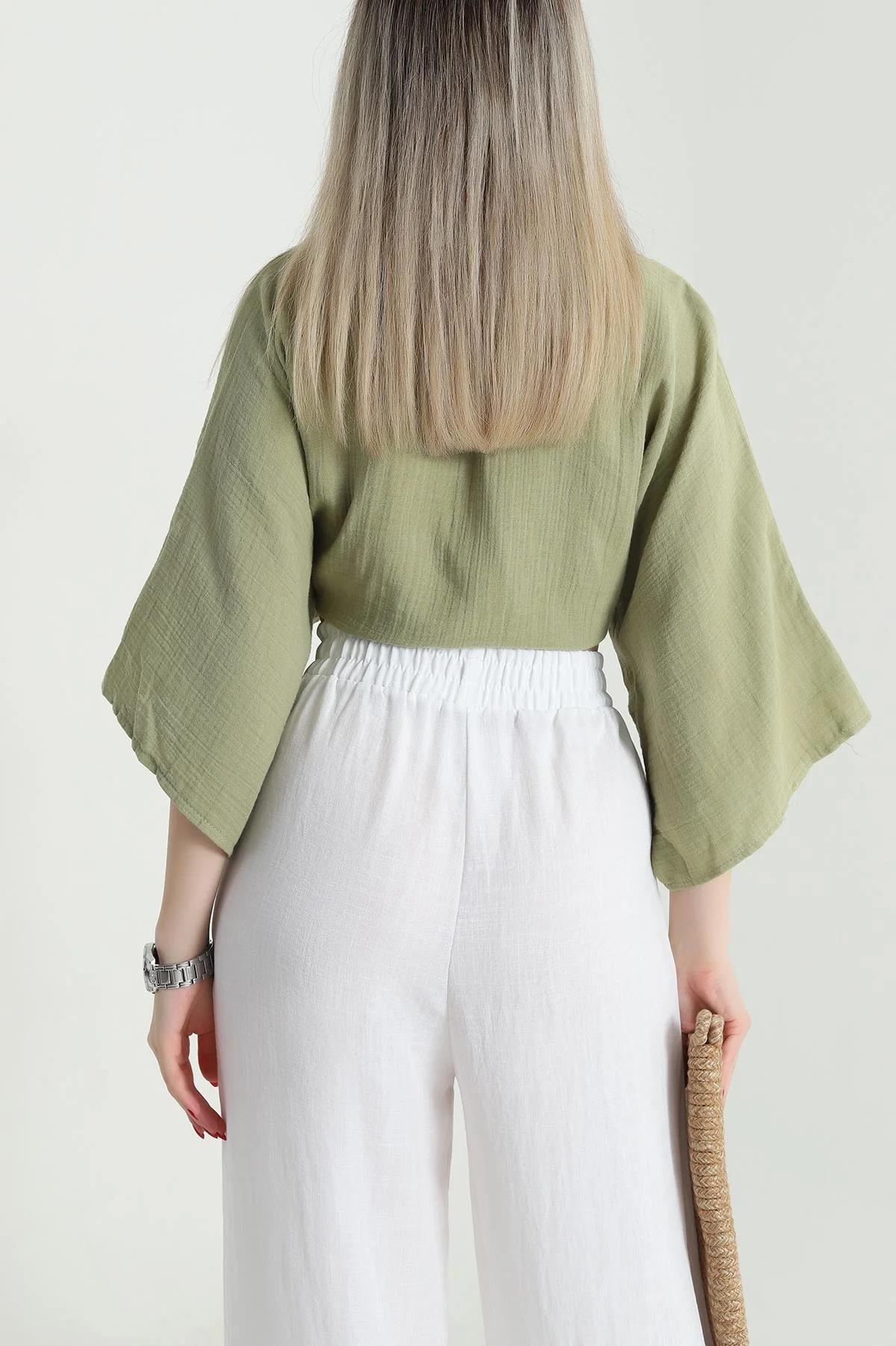 Yağ Yeşili Müslin Kumaş Bağlamalı Bolero 467480