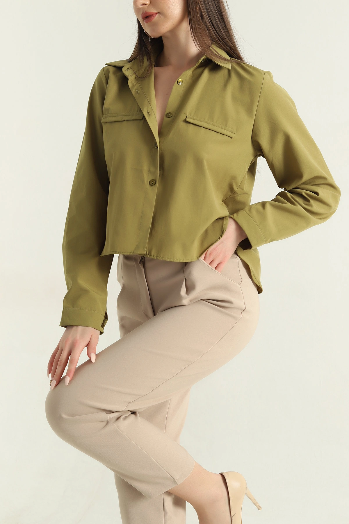 Yağ Yeşili Poplin Kumaş Kadın Crop Gömlek 355797