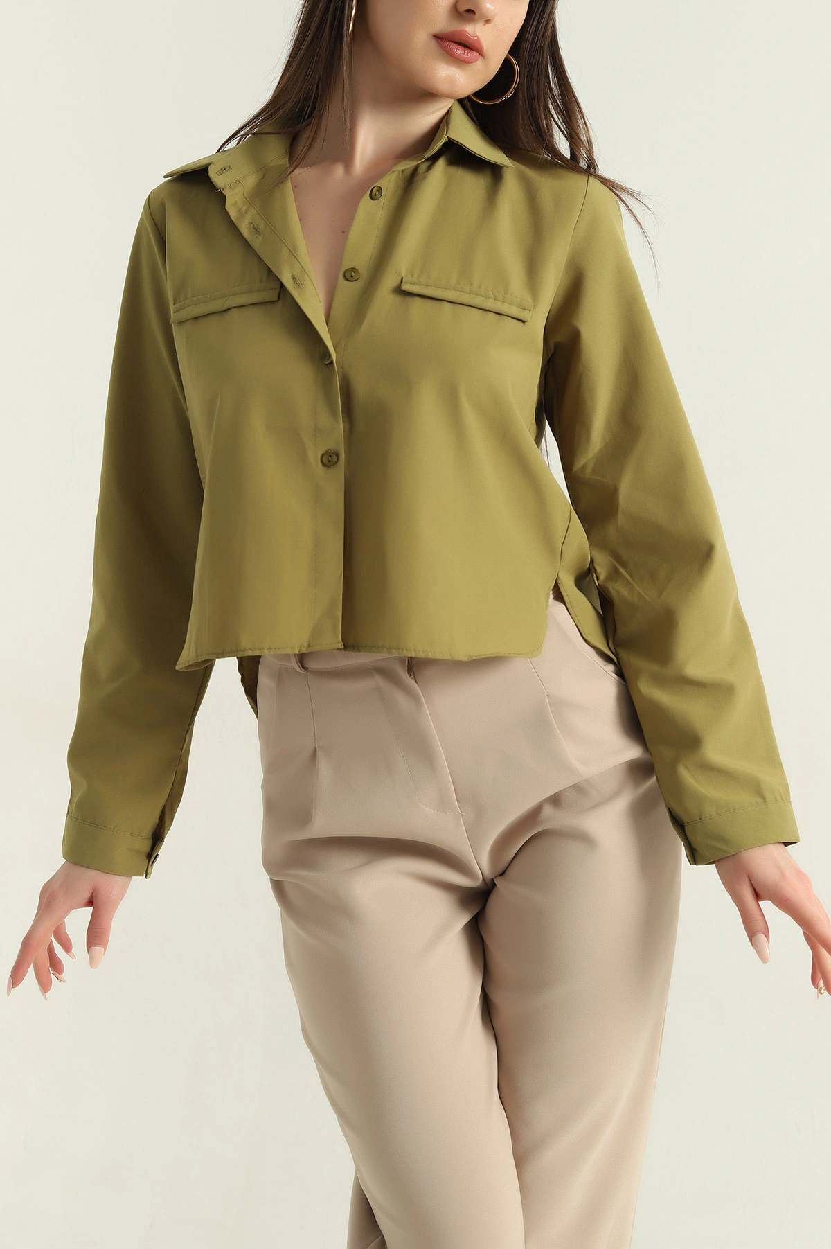 Yağ Yeşili Poplin Kumaş Kadın Crop Gömlek 355797