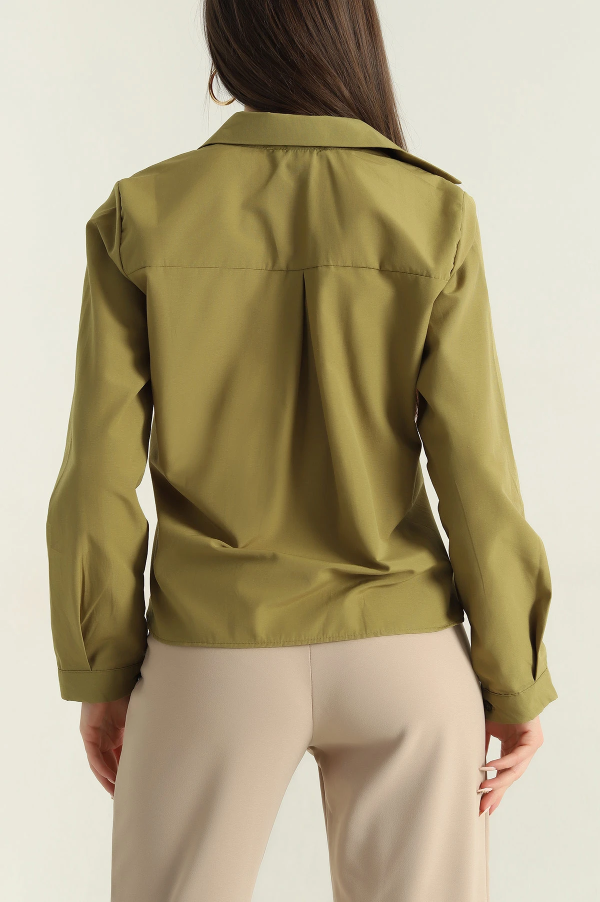 Yağ Yeşili Poplin Kumaş Kadın Crop Gömlek 355797