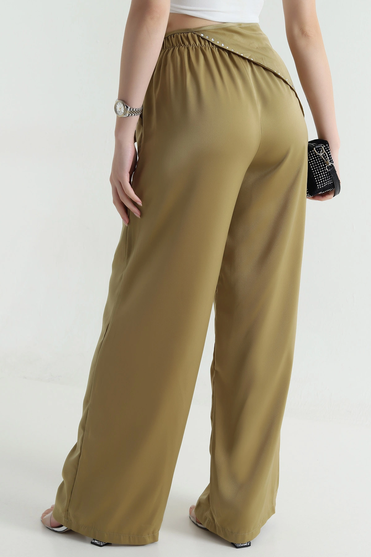 Yağ Yeşili Saten Kumaş Beli Lastikli Pantolon 466156