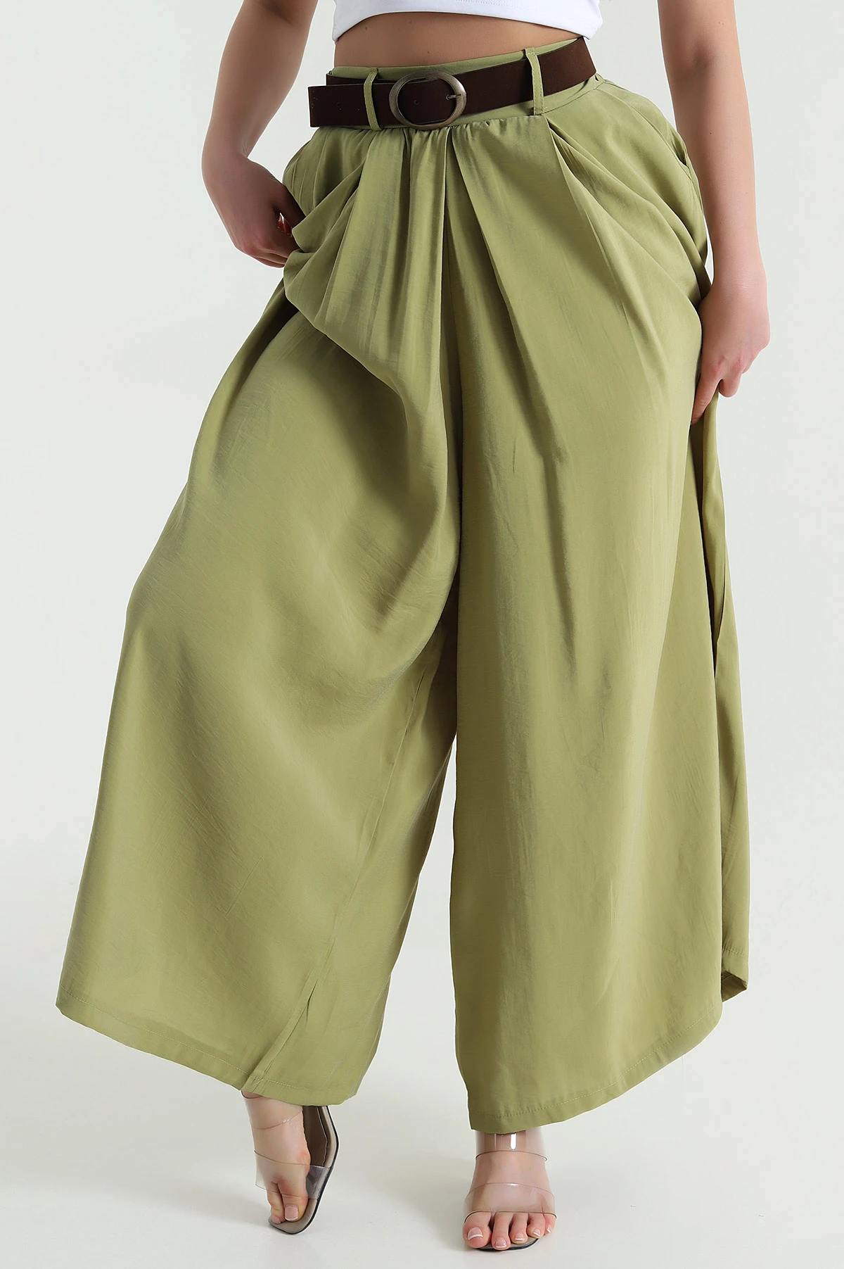 Yağ Yeşili Tencel Pileli Kadın Pantolon 458260