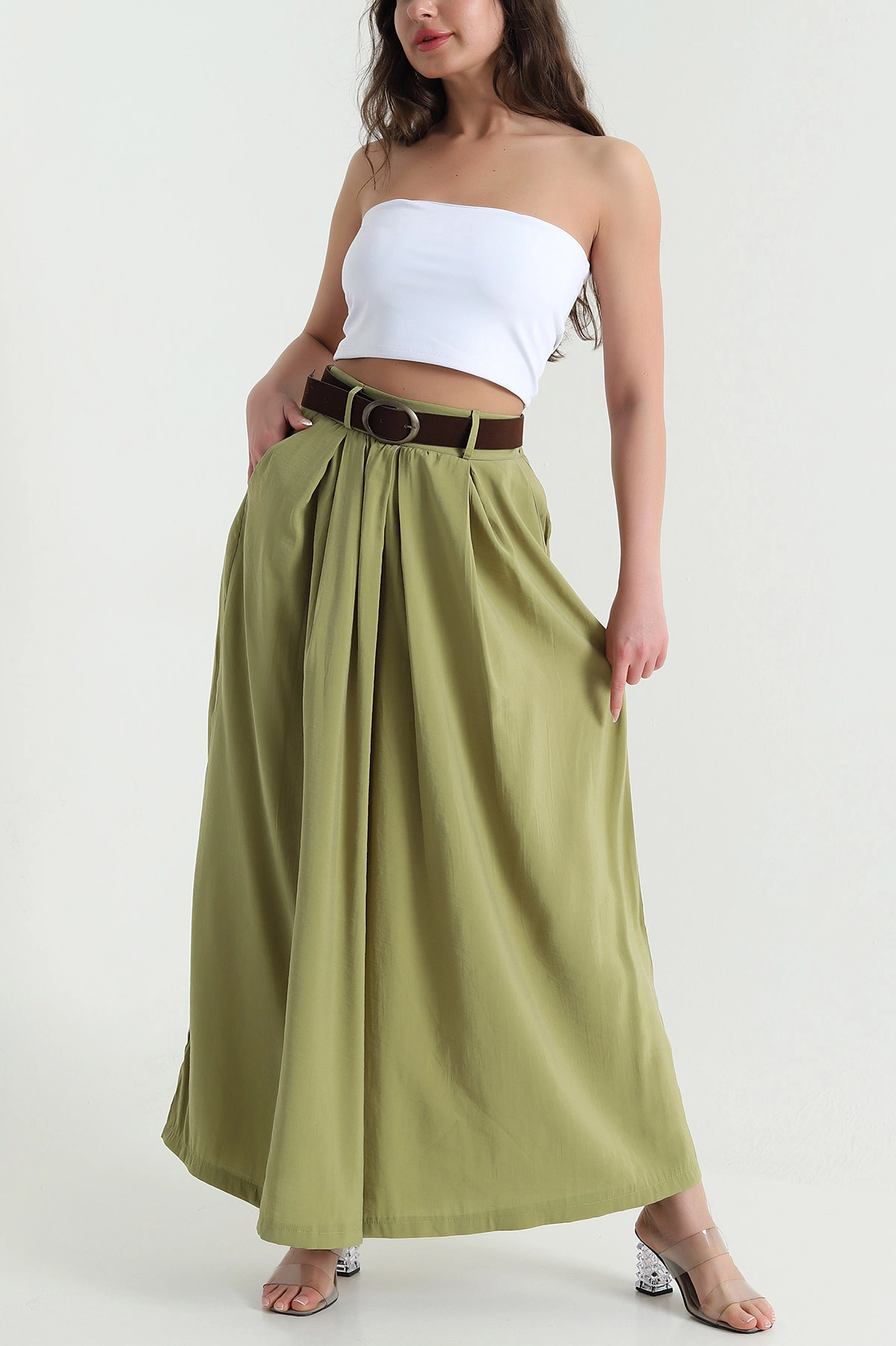 Yağ Yeşili Tencel Pileli Kadın Pantolon 458260