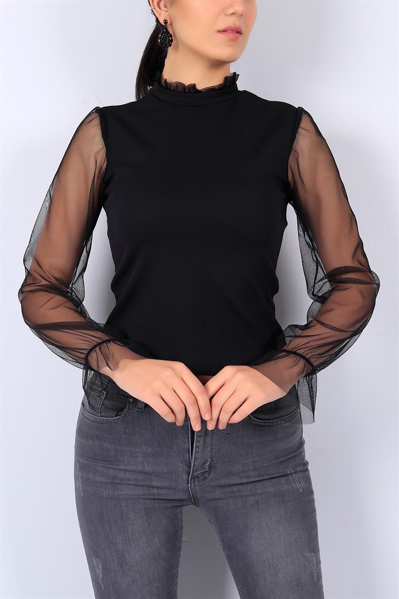 Yaka Kol Tül Siyah Scuba Bluz 22577B