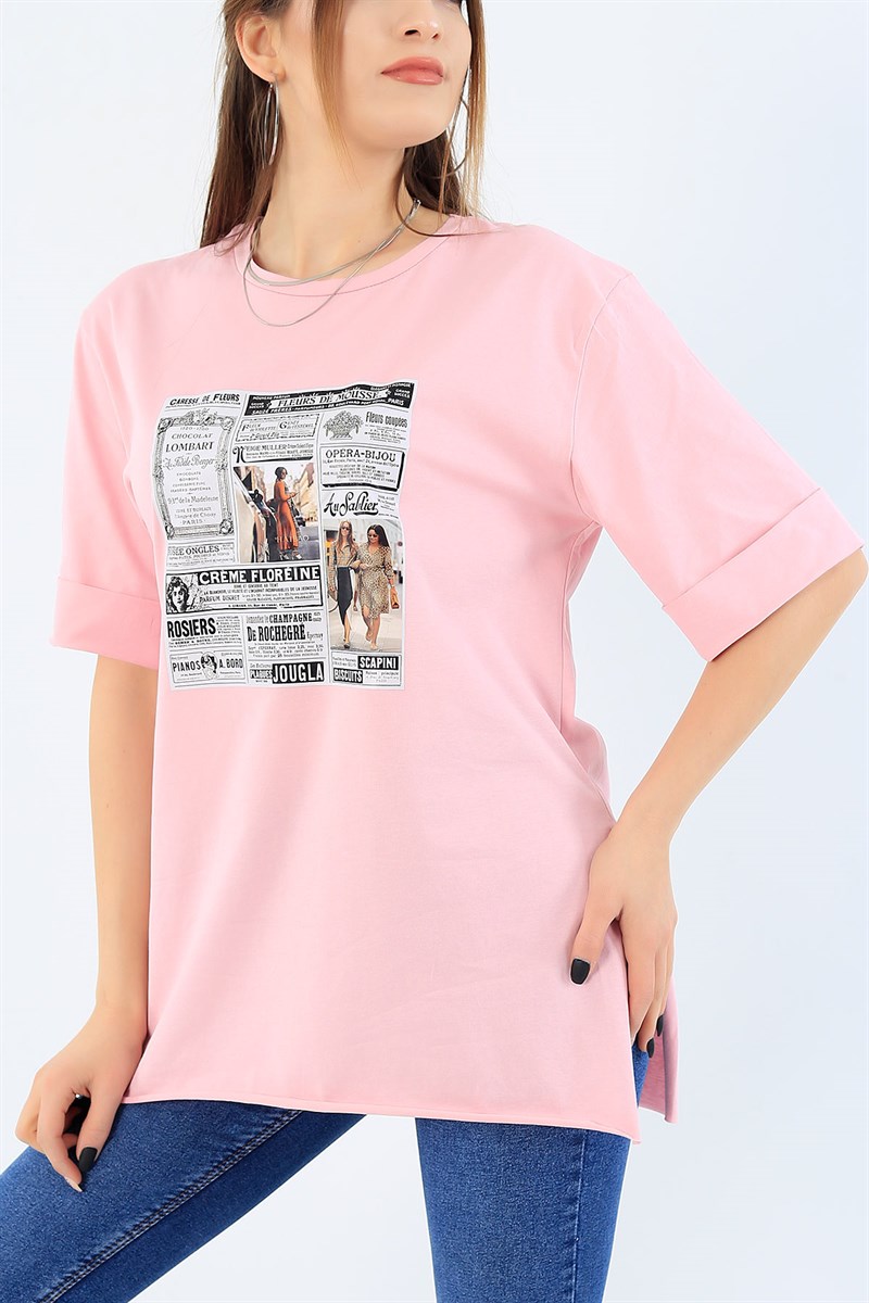 Yan Yırtmaçlı Pembe Baskılı Bayan Tişört 27368B