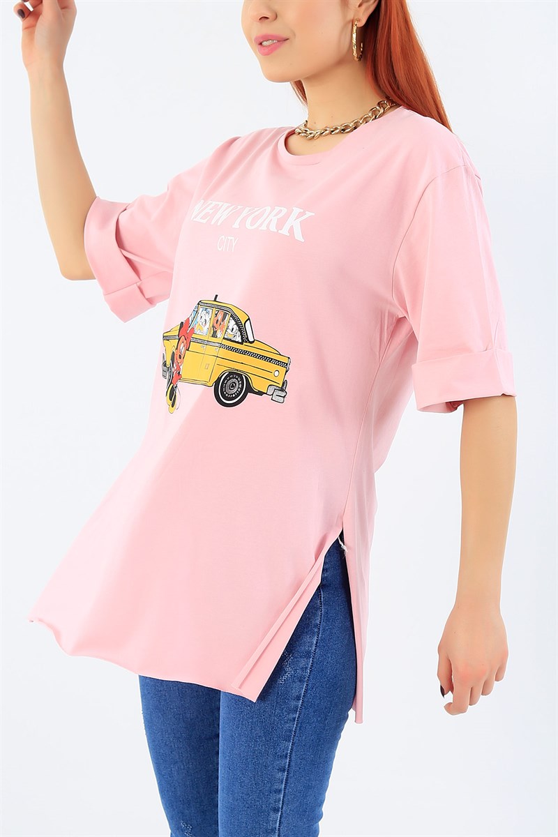 Yan Yırtmaçlı Pembe Baskılı Bayan Tişört 27376B