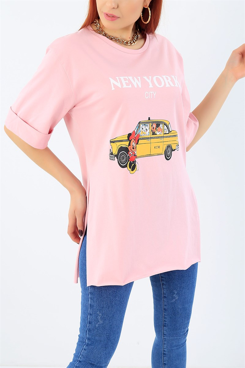 Yan Yırtmaçlı Pembe Baskılı Bayan Tişört 27376B
