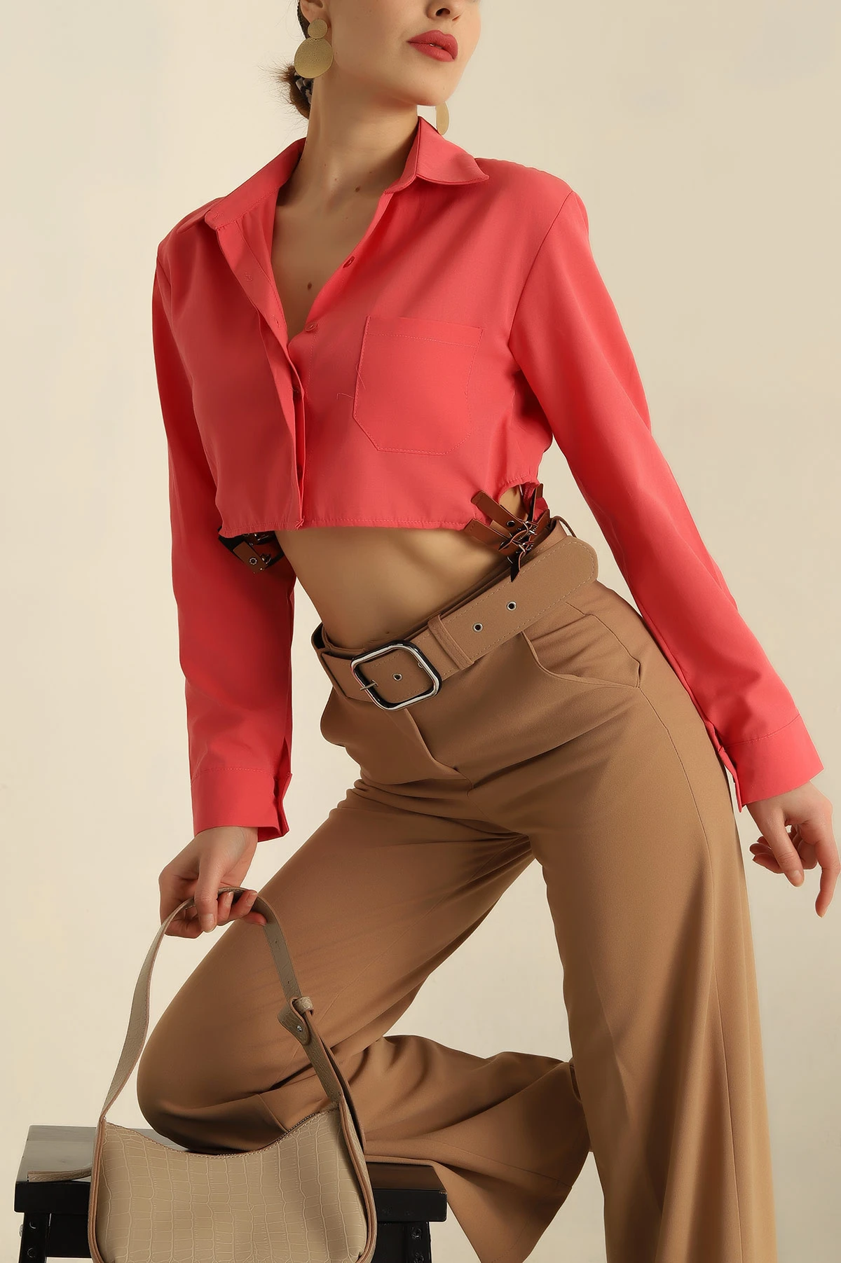 , Yanı Kemerli Poplin Bayan Gömlek 257742