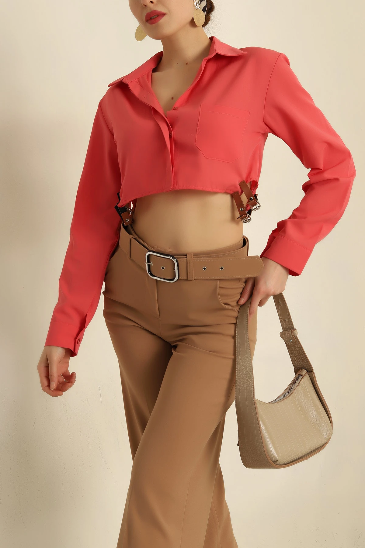 , Yanı Kemerli Poplin Bayan Gömlek 257742