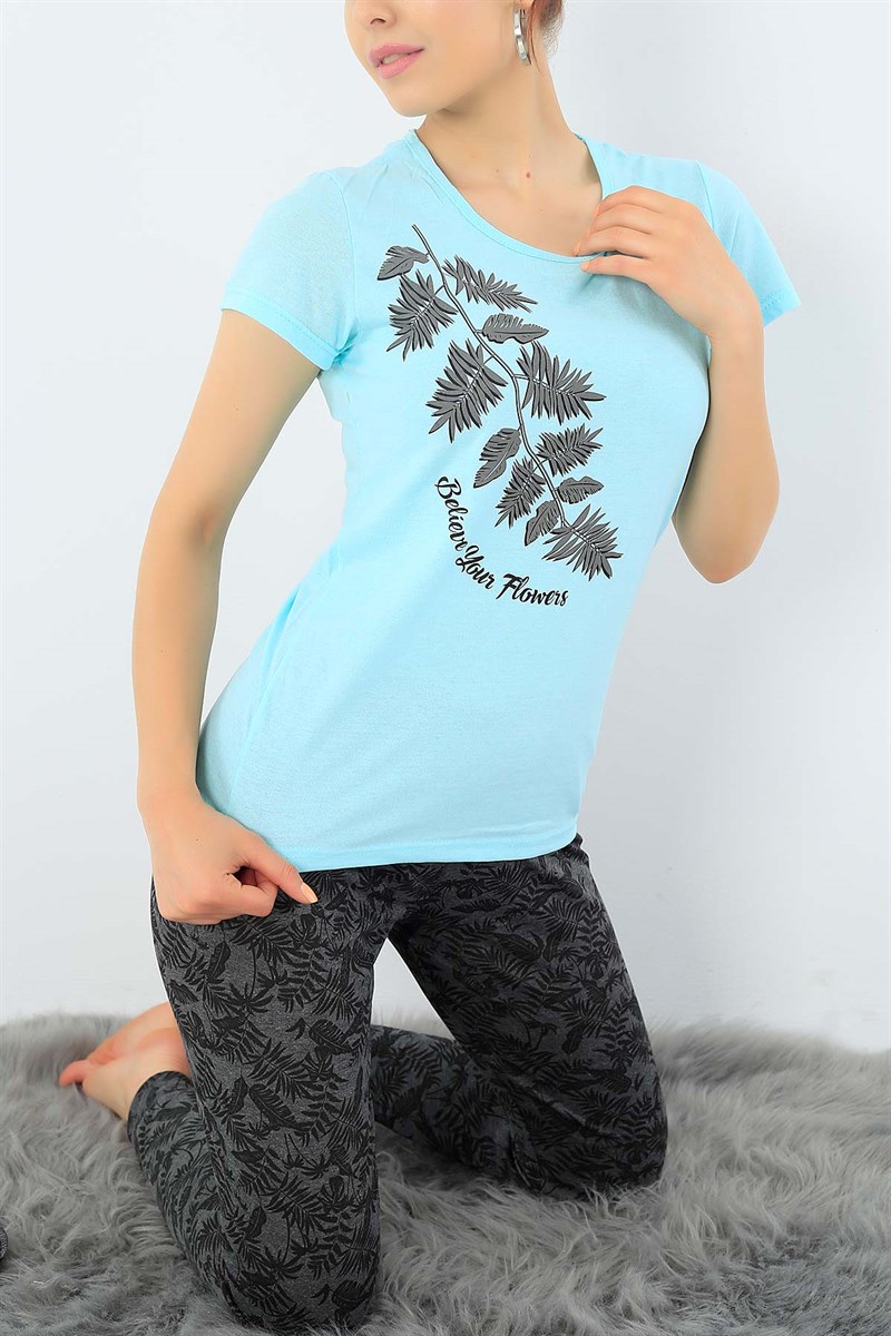 Yaprak Baskılı Likralı Bayan Pijama Takımı 33002