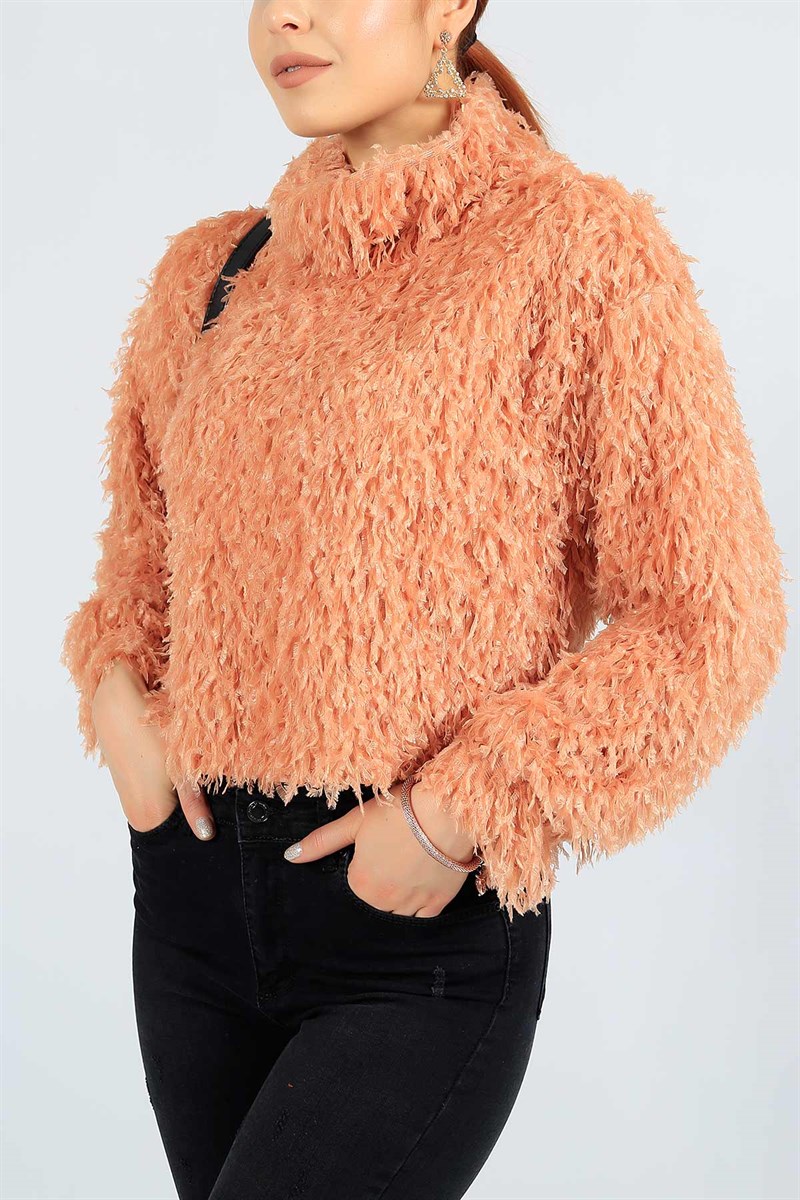 Yaprak Saçaklı Boğazlı Pudra Bluz 23296B