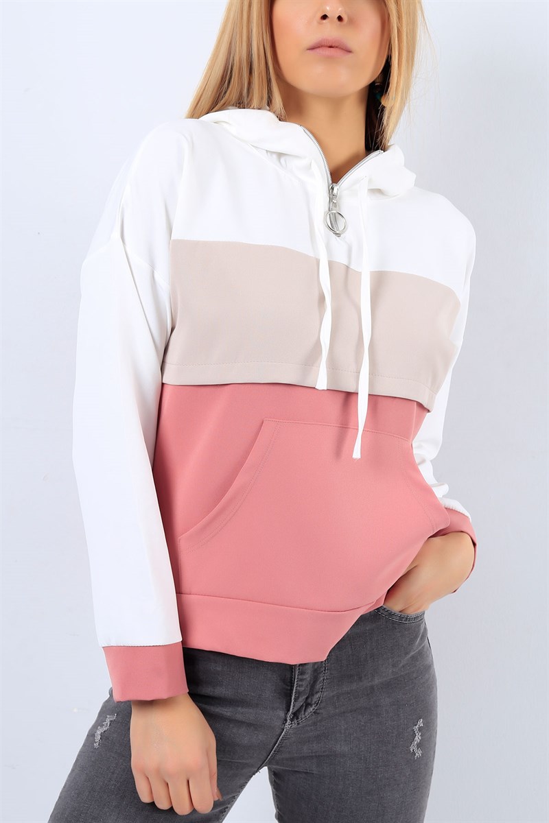 Yarım Fermuarlı Gülkurusu Ekru Sweat 20973B