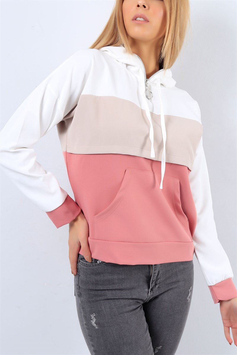 Yarım Fermuarlı Gülkurusu Ekru Sweat 20973B