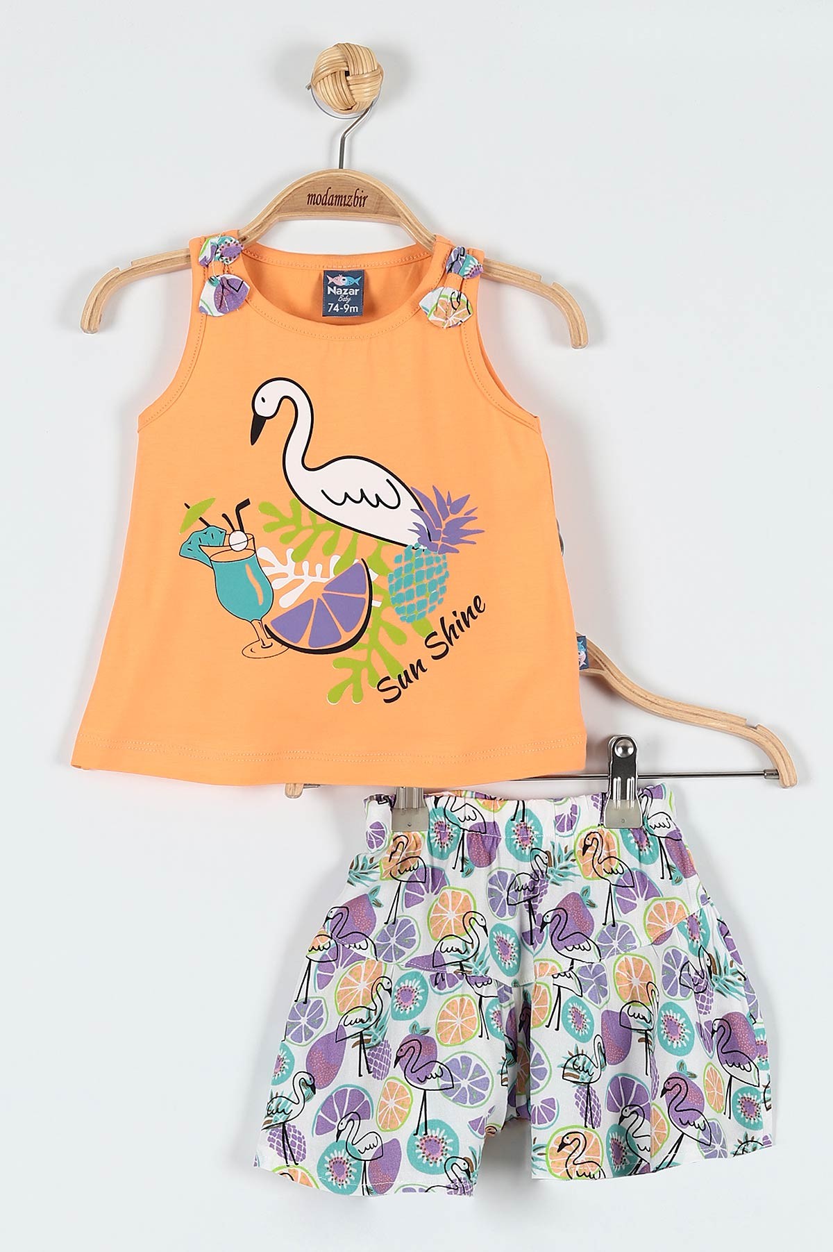 Yavru Ağzı (9-24 Ay) Flamingo Çiçek Baskılı Omuz Fiyonk Detaylı Şortlu Kız Bebe Takım 182607