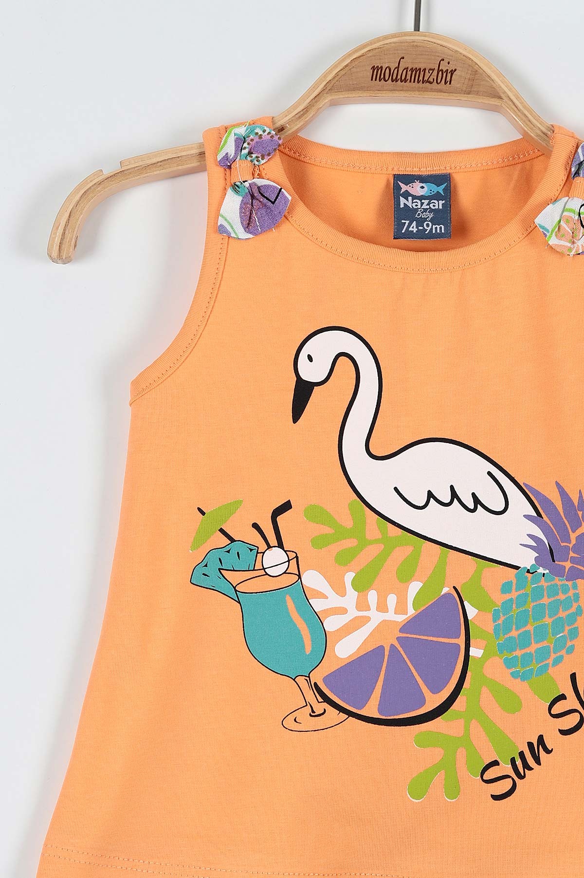 Yavru Ağzı (9-24 Ay) Flamingo Çiçek Baskılı Omuz Fiyonk Detaylı Şortlu Kız Bebe Takım 182607