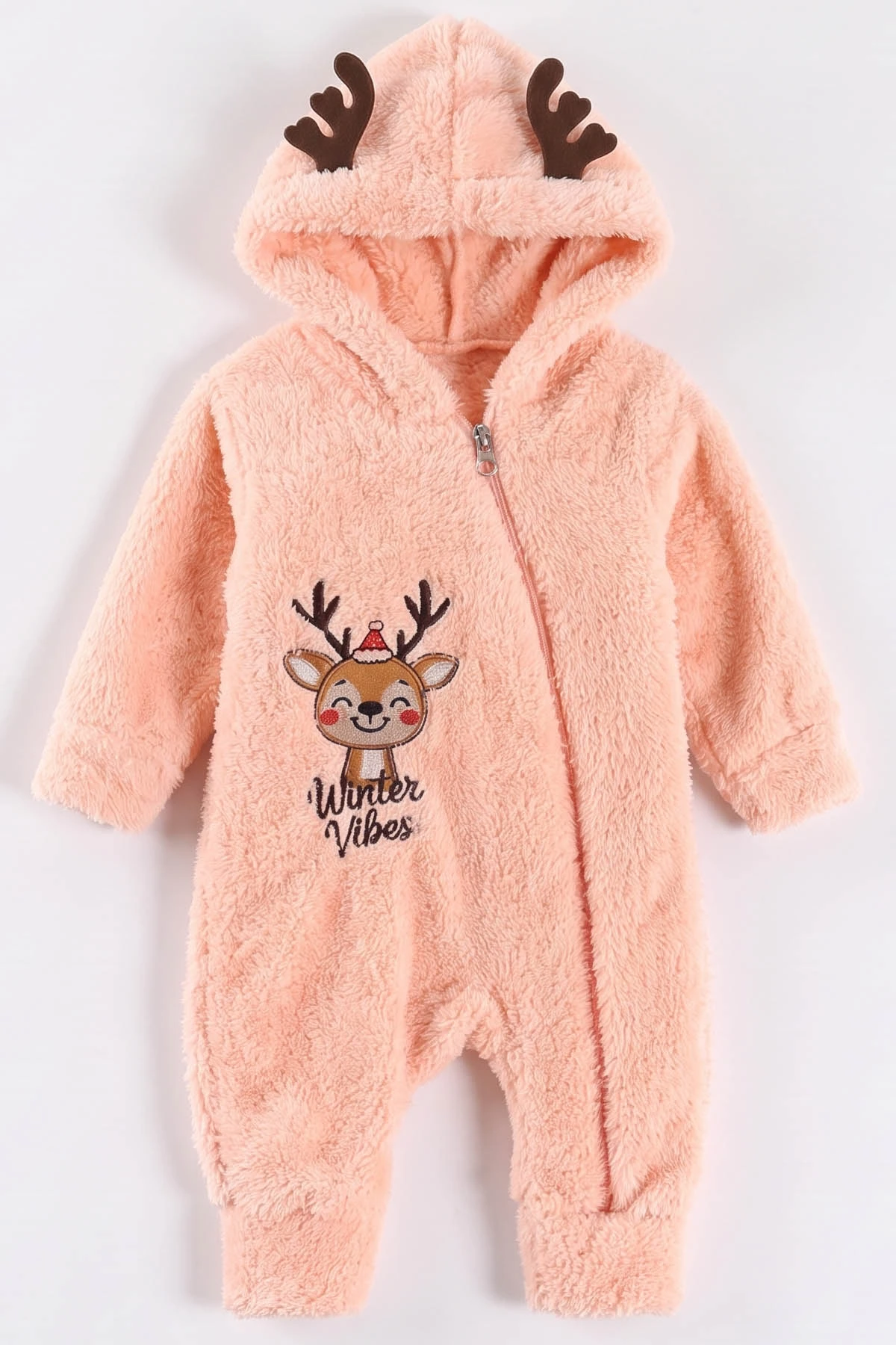 Yavruağzı (0-12 Ay) Geyik Nakışlı Kapüşonlu Peluş Kız Bebek Tulum 494420