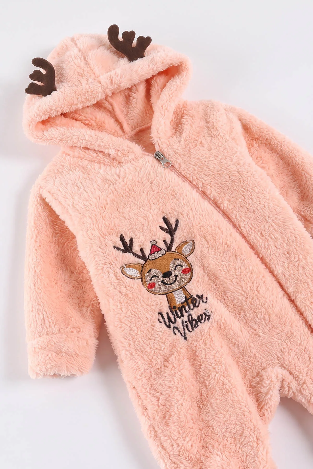 Yavruağzı (0-12 Ay) Geyik Nakışlı Kapüşonlu Peluş Kız Bebek Tulum 494420