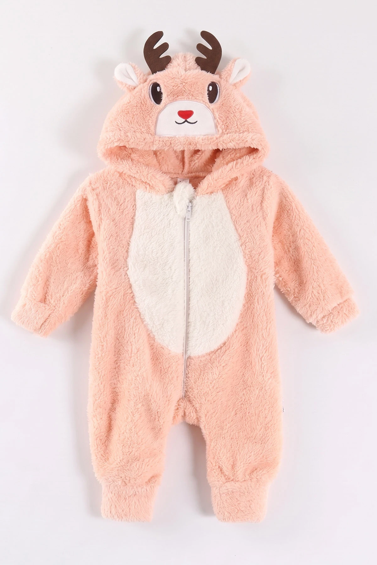 Yavruağzı (0-12 Ay) Kapüşonu Geyik Nakışlı  Peluş Kız Bebek Tulum 495376