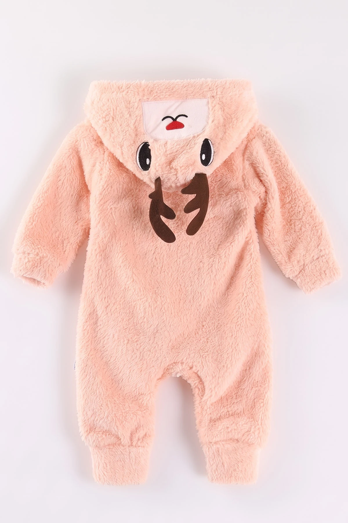 Yavruağzı (0-12 Ay) Kapüşonu Geyik Nakışlı  Peluş Kız Bebek Tulum 495376