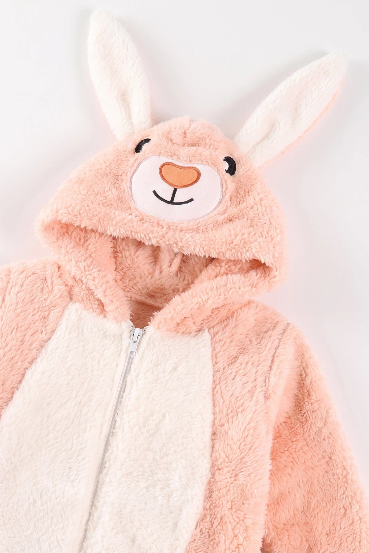 Yavruağzı (0-12 Ay) Kapüşonu Tavşan Nakışlı  Peluş Unisex Bebek Tulum 495381