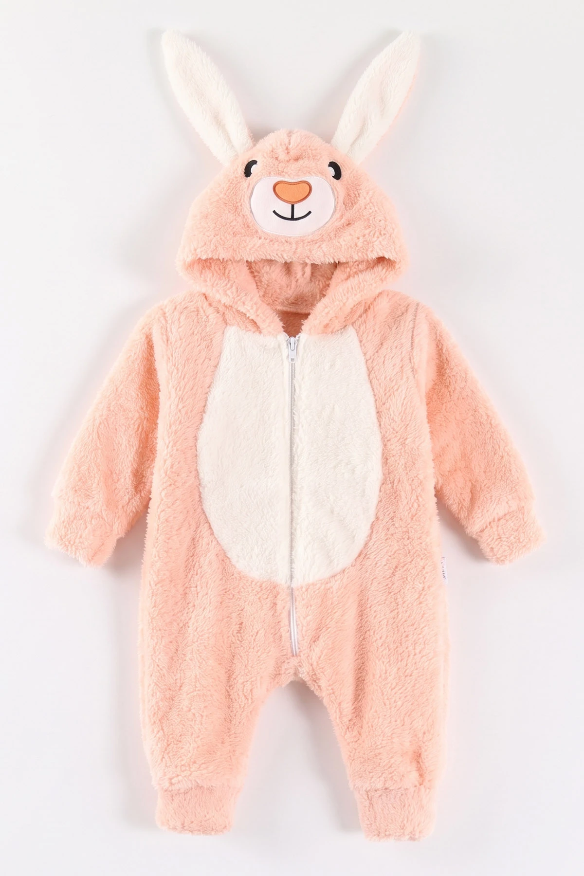 Yavruağzı (0-12 Ay) Kapüşonu Tavşan Nakışlı  Peluş Unisex Bebek Tulum 495381