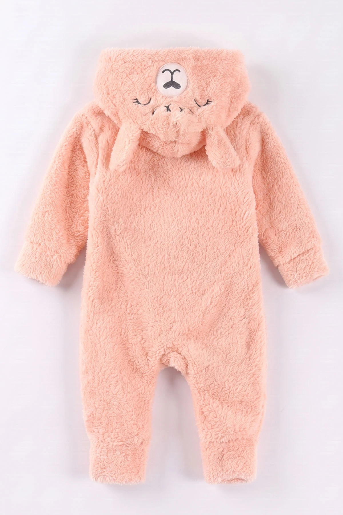 Yavruağzı (0-12 Ay)Kapüşonu Gülen Ayı Nakışlı Peluş Kız Bebek Tulum 494432
