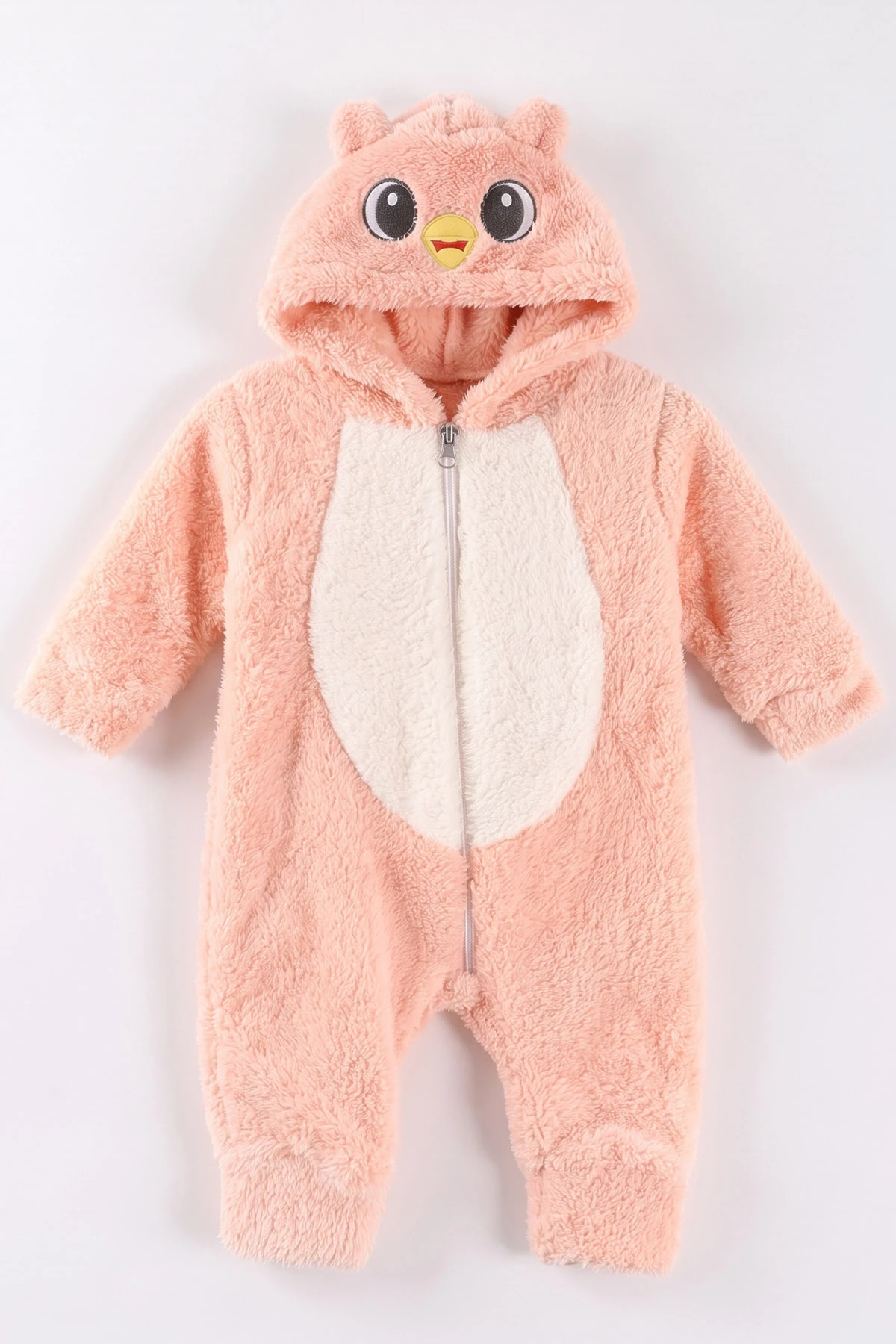 Yavruağzı (0-12 Ay)Kapüşonu  Ördek Nakışlı  Peluş Kız Bebek Tulum 494424