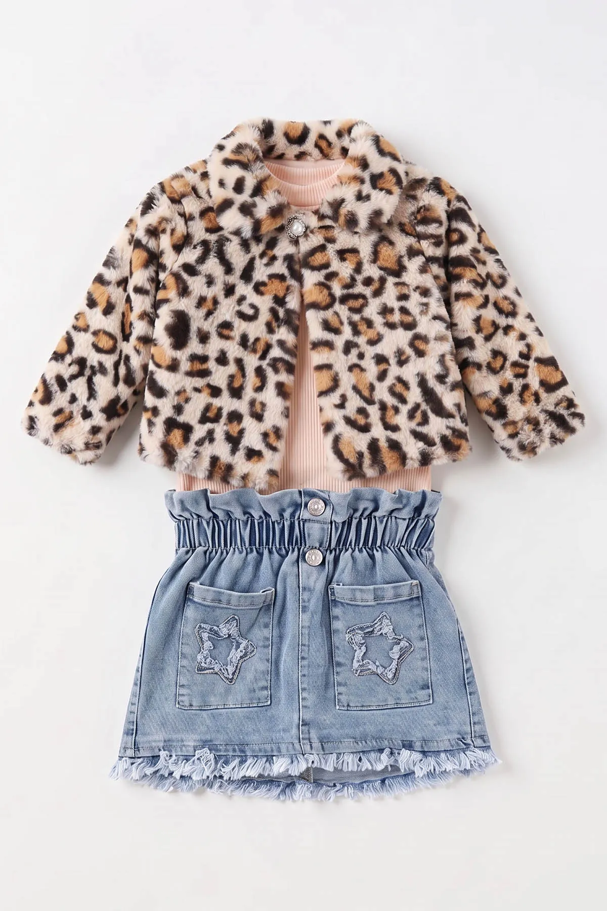 Yavruağzı (1-5 Yaş) Fitilli Bodyli Leopar Peluş Ceketli  Nakışlı Kot Etekli Kız Çocuk 3lü Takım 495746