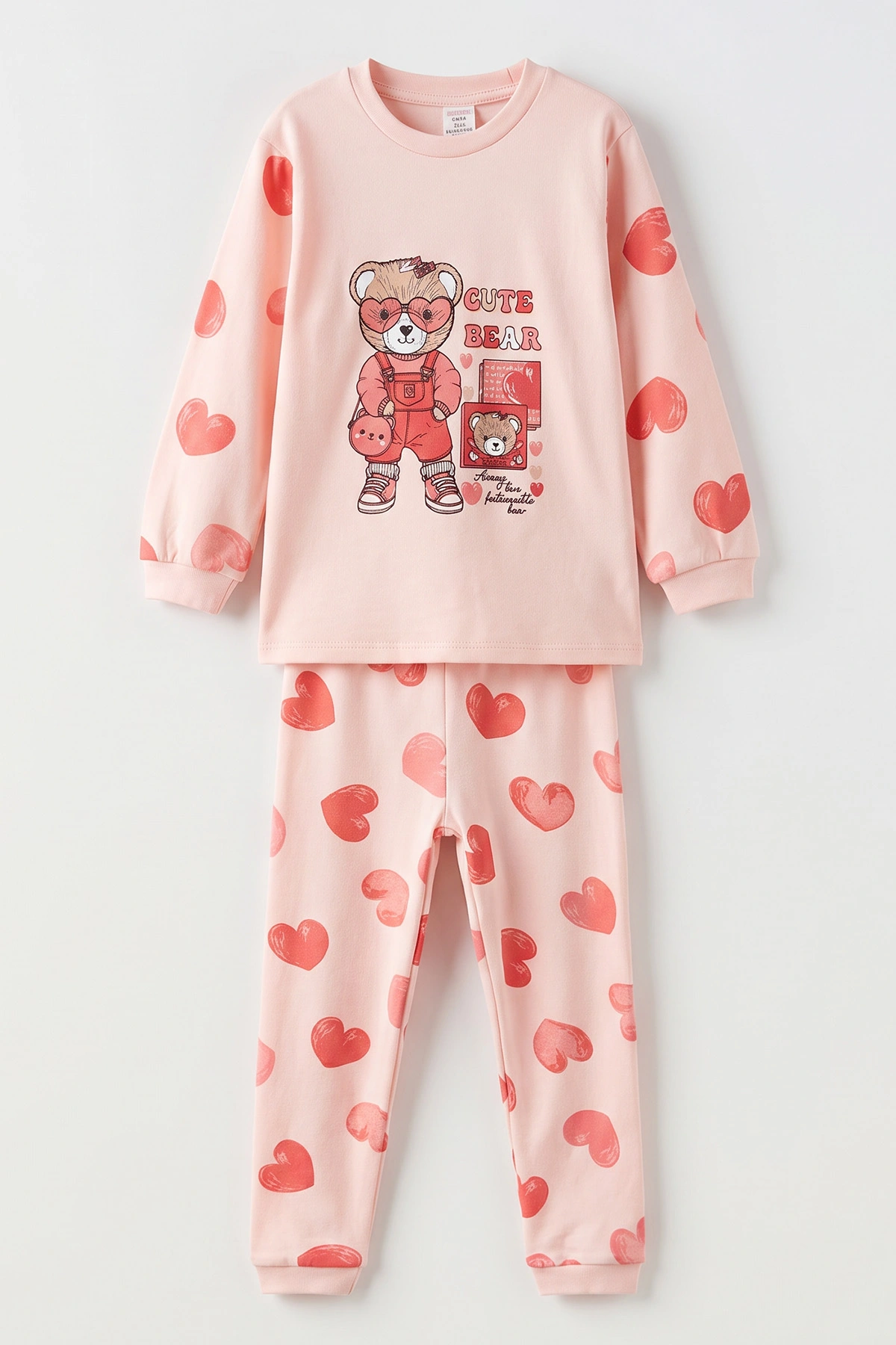 Yavruağzı (1-6 Yaş ) Kalpli Ayı Baskılı Penye Kız Bebek&Çocuk Pijama Takım 500331