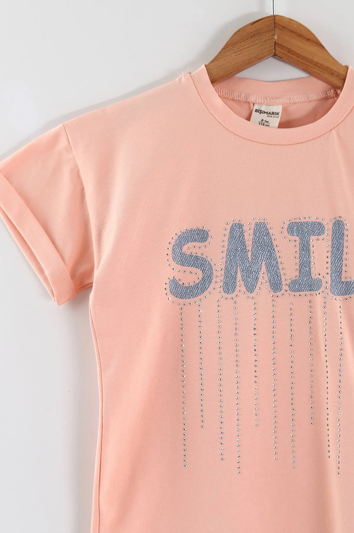 Yavruağzı (1-9 Yaş) Smile Nakışlı Taş Baskılı Tişörtlü Taşlı Kot Şortlu Kız Çocuk 2'li Takım 459529