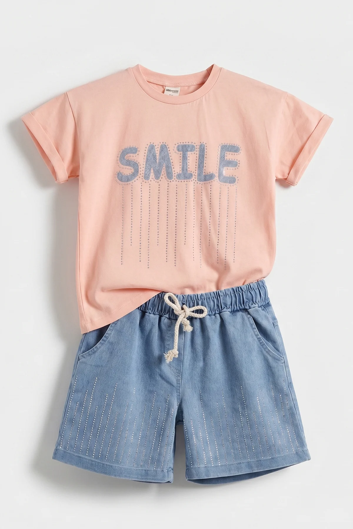 Yavruağzı (1-9 Yaş) Smile Nakışlı Taş Baskılı Tişörtlü Taşlı Kot Şortlu Kız Çocuk 2'li Takım 459529