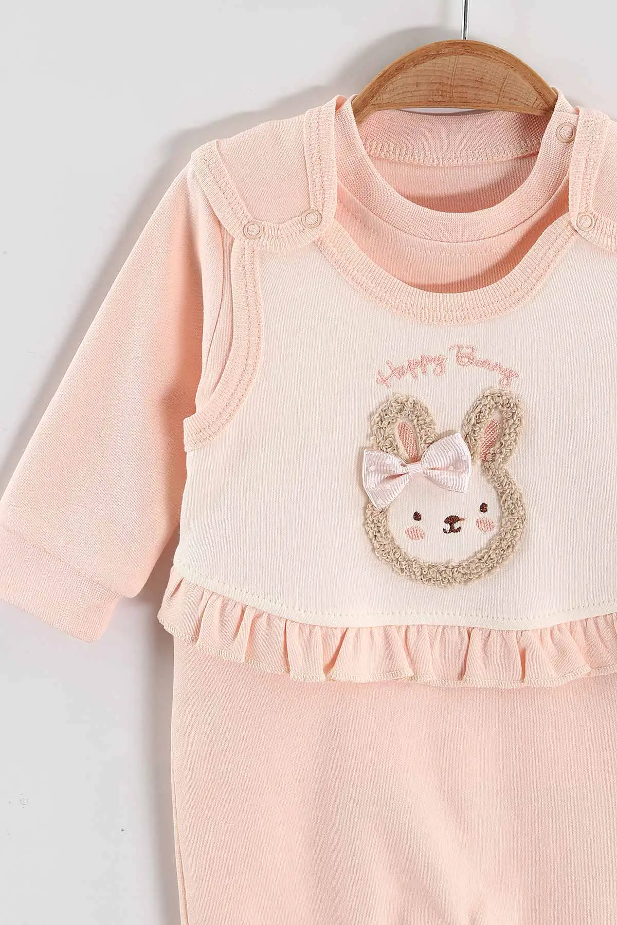 Yavruağzı (3-12 Ay)  Tokalı Tavşan Nakışlı Kız Bebek Salopet Takım 456599
