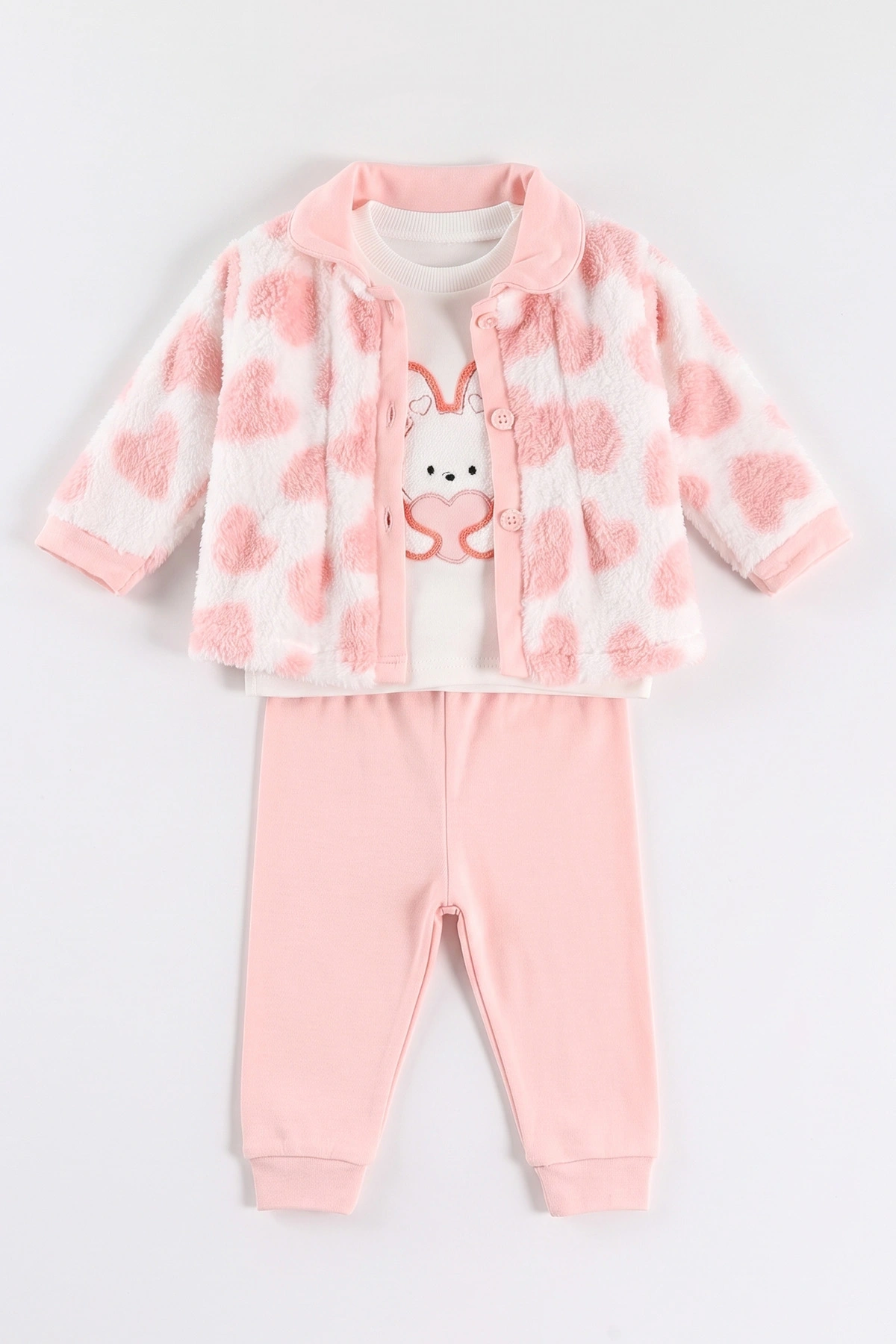 Yavruağzı (3-12 Ay)Kalp Nakışlı Badili Peluş Ceketli  Kız Bebek 3'lü Takım 495641